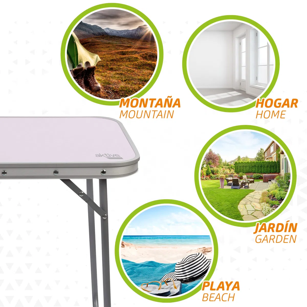 AKTIVE Mesa camping plegable, Mesa ligera, patas plegables, medidas 60x40x50 cm, madera MDF, estructura de acero, color malva, asa de transporte (52870)