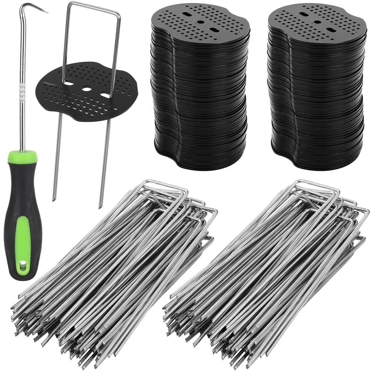 100pcs Grapas para Malla Antihierba 100 Washers con un Gancho Grapas de Jardín 15x4cm, Ø2.5mm para Céspedes, Jardines y Tuberías (201, Negro + Plata)