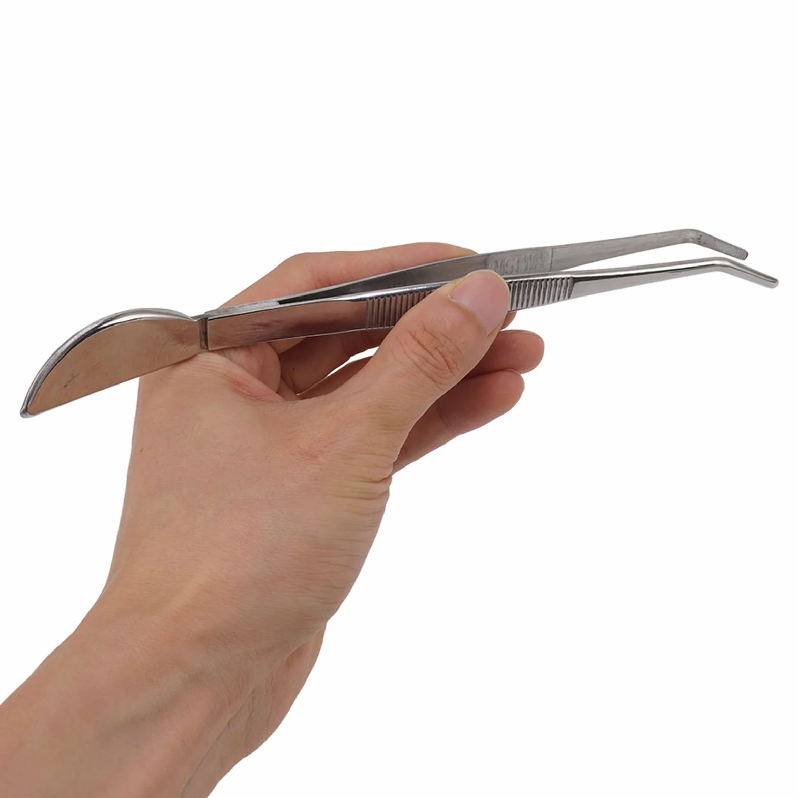 Fdit Pinzas para Bonsái de Acero Inoxidable, Pinzas Largas con Cabeza de Espátula de Luna Creciente Herramienta Profesional para Bonsái Puntas Dentadas Rectas con Espátula(Doblado)