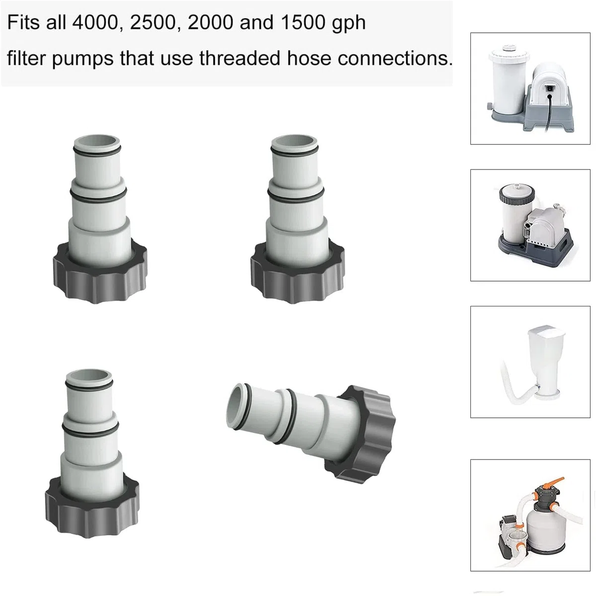 MEISO Adaptador de piscina de 4 piezas, adaptador de manguera serie Intex A con rosca, manguera de diámetro 1,5 pulgadas y 1,25 pulgadas, adaptador de bomba para juegos de piscina