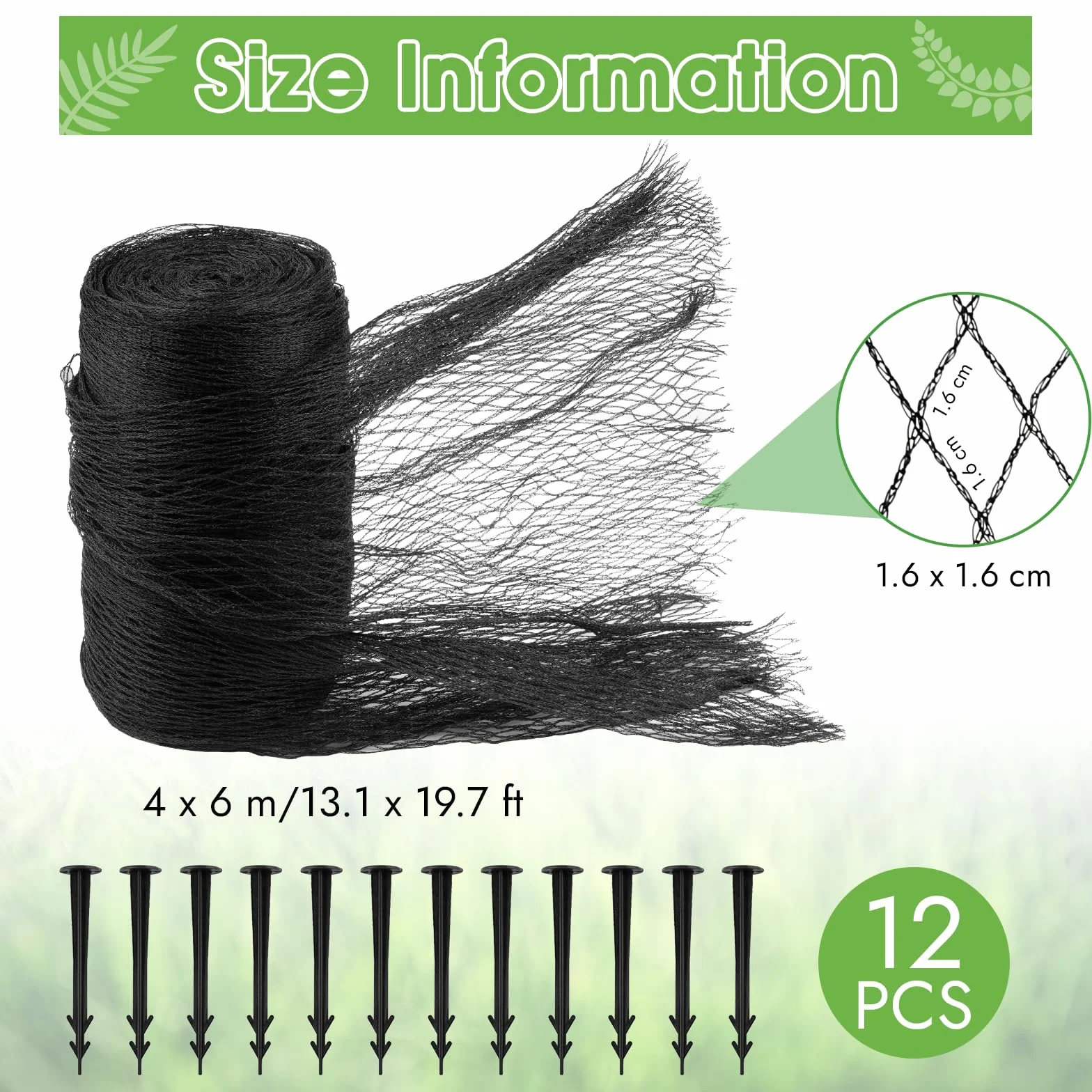 Red para estanques de malla fina, red de protección para pájaros, con 12 anclajes de suelo, red para árboles frutales, red de hojas, resistente a los rayos UV, color negro, para estanque, jardín,