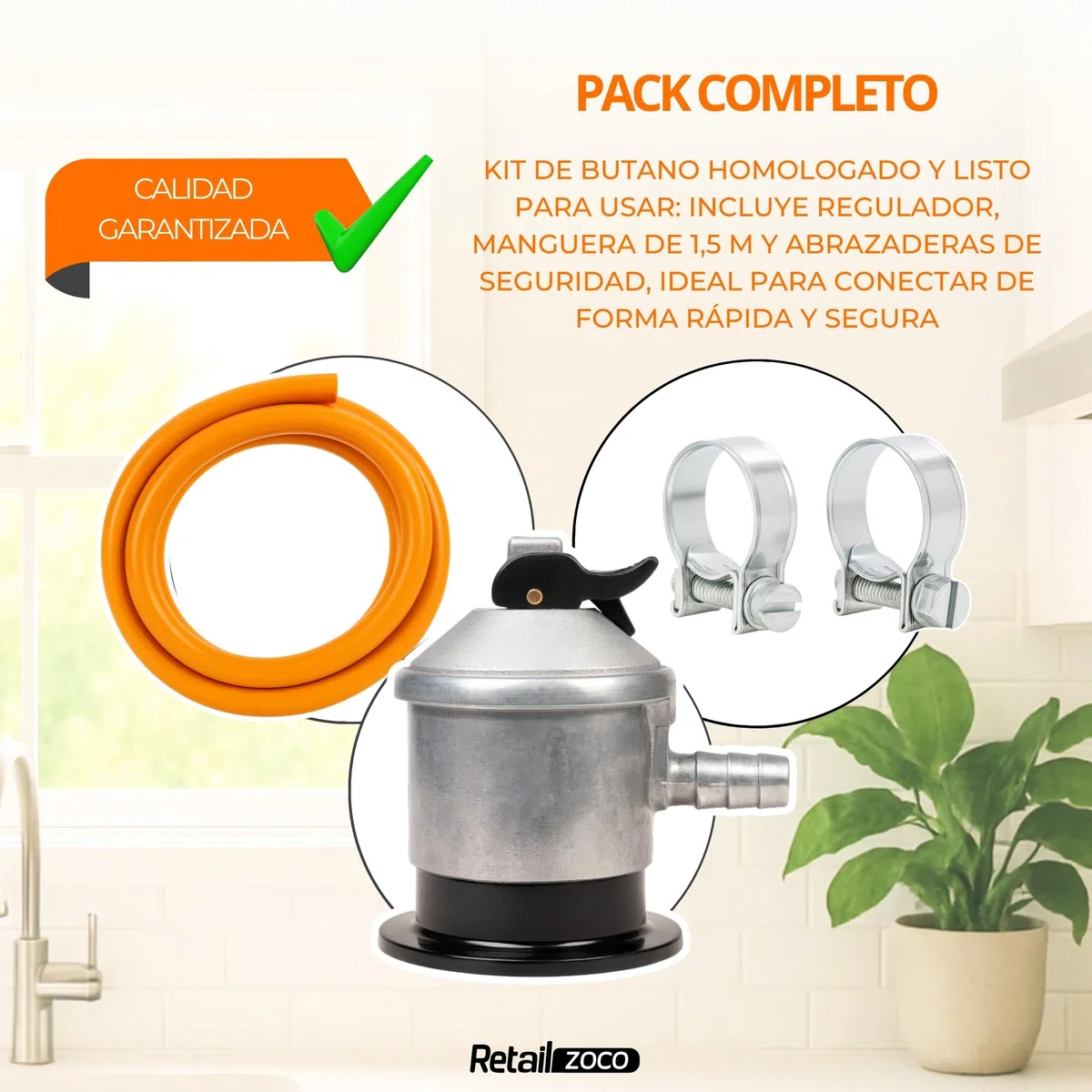 Kit completo butano, Regulador de gas butano + Tubo Goma 1,5 metros + 2 abrazaderas seguridad, Homologado ,Apto para cocinas, estufas gas, calderas, catalíticas, barbacoas, paelleras, calentadores