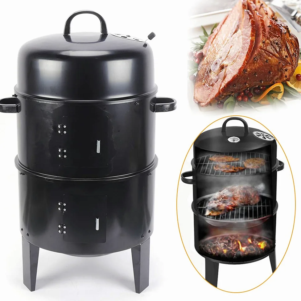 Horno para ahumar 3 en 1 barbacoa de carbón vegetal con termómetro, barril de ahumar con tapa, color negro