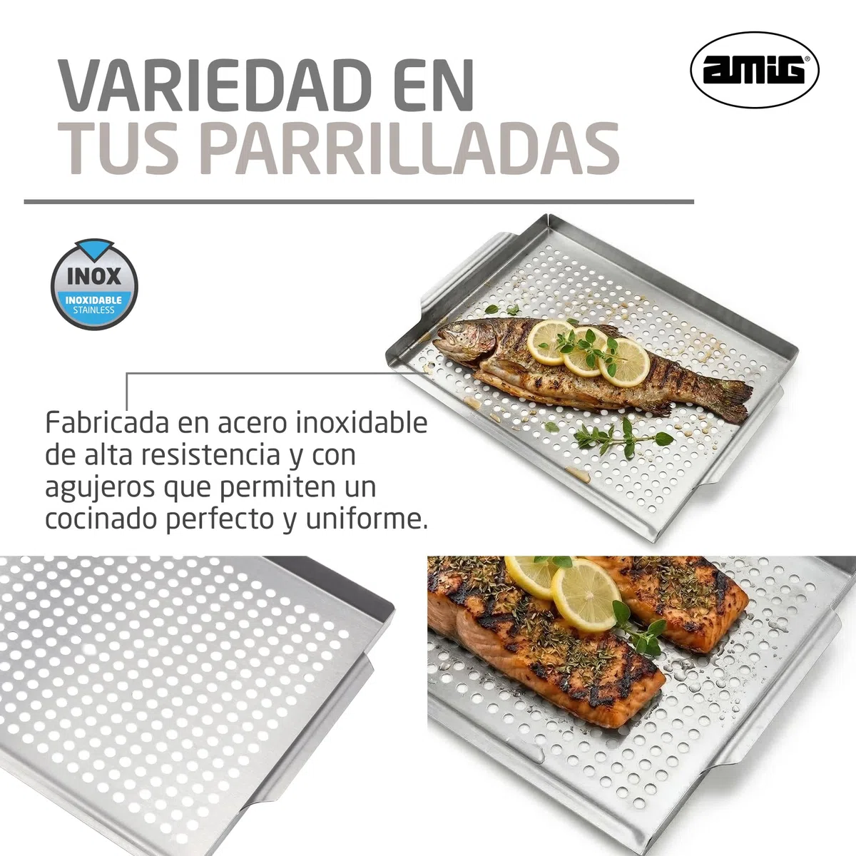 Amig - Bandeja para Asar Pescado en Barbacoa - 40 x 30 x 4 cm - Fabricado en Acero Inoxidable - Evita Que el Pescado se Rompa o cuele por la Parrilla - Mod. AM08