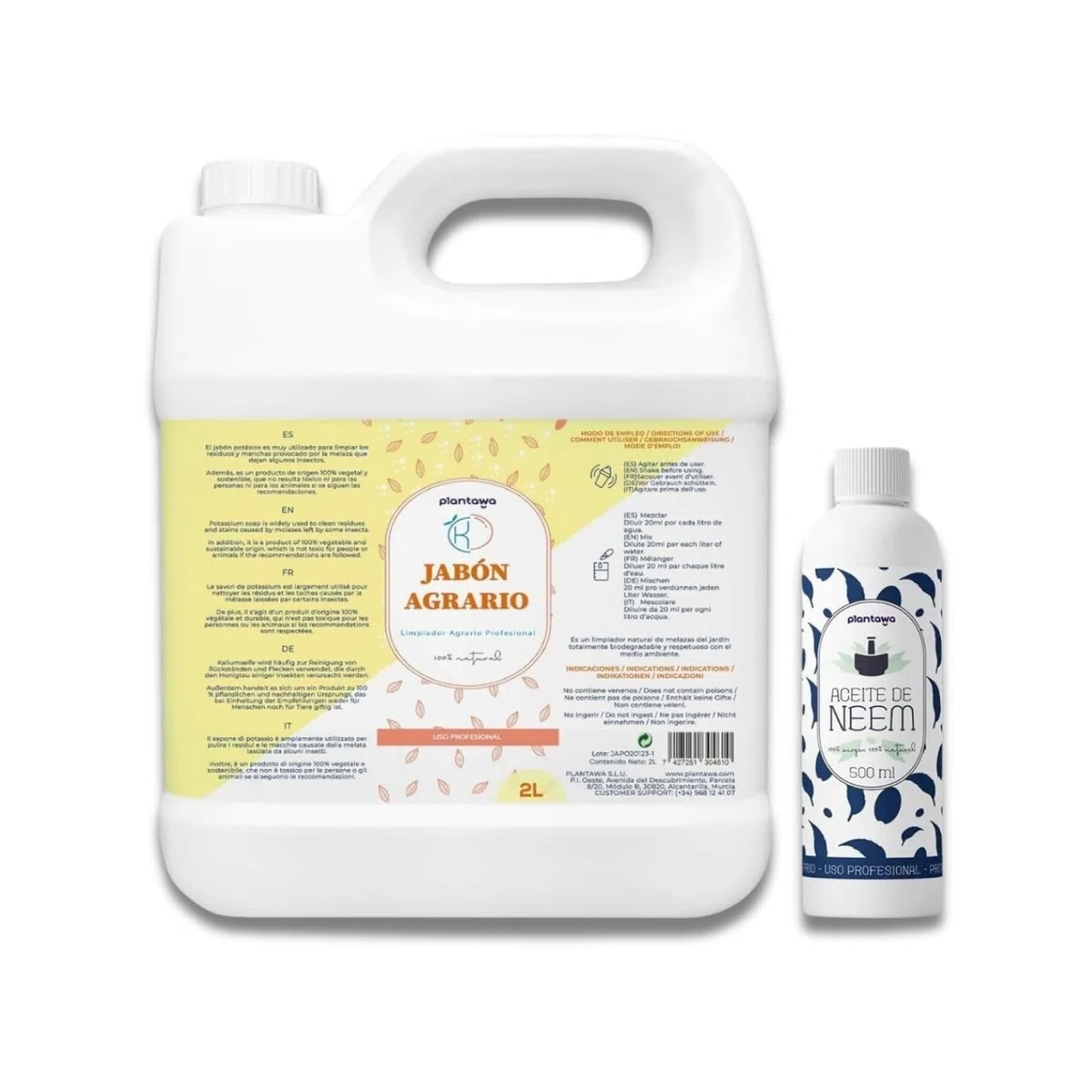 PLANTAWA Pack Jabón Potásico 2L + Aceite de Neem 500ml | Solución Multiusos | Fácil Aplicación y Máxima Eficacia | Versátil | Uso en Interior y Exterior | Productos de origen natural