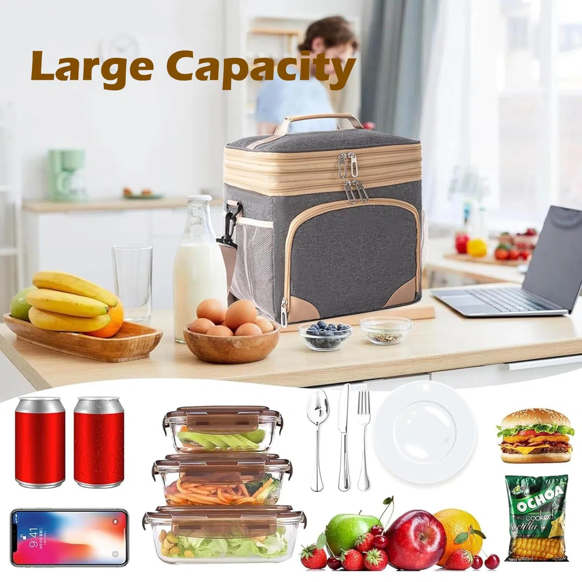 Bolsa térmica, Bolsa de picnic de 15L, Bolsa de almuerzo, Bolsa térmica para transportar alimentos (Gris, 15L)