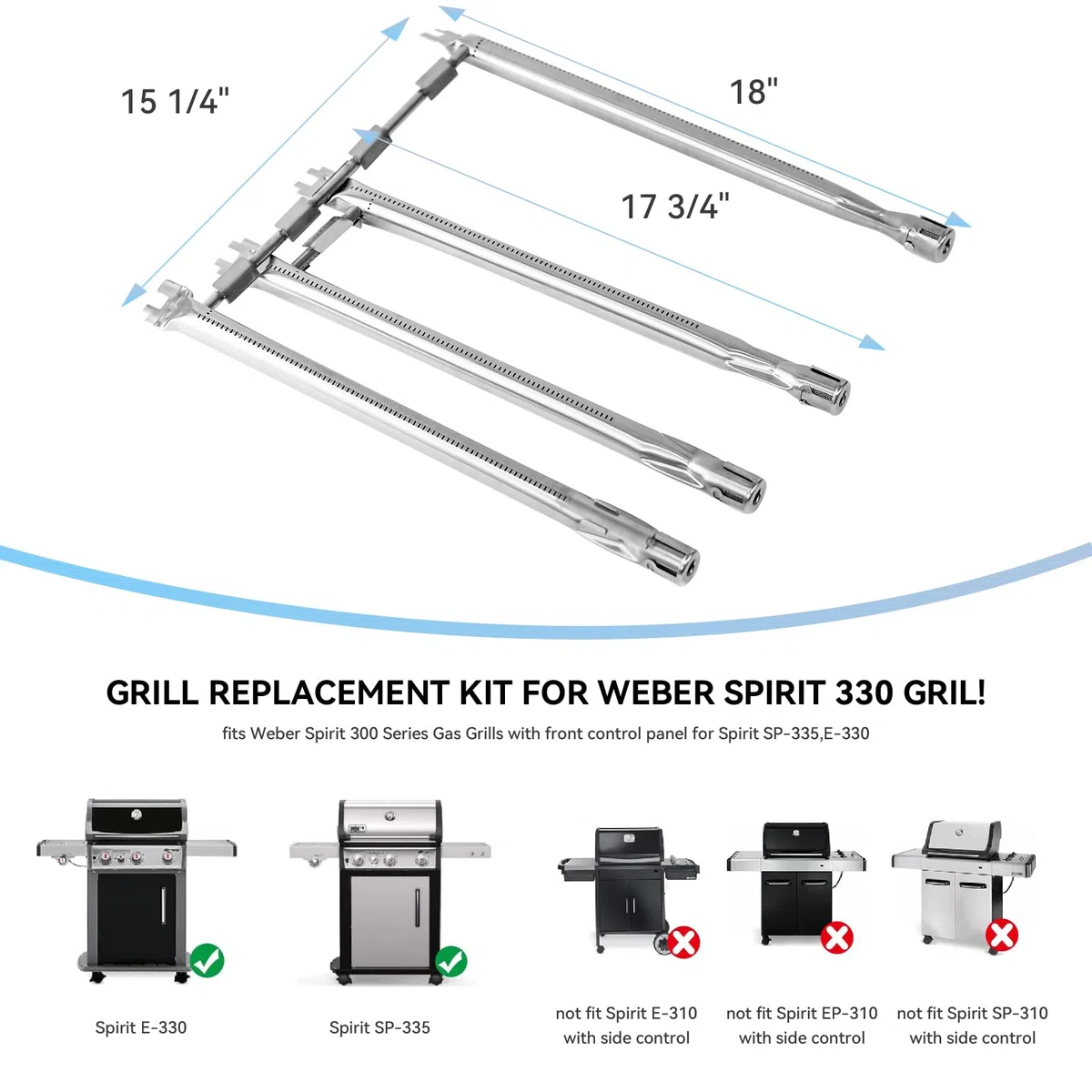 69787 Quemador de parrilla para Weber Spirit Spirit 330, Spirit 335 Parrilla (Con botones frontales), Quemador de acero inoxidable de 45,3 cm para Spirit E-330 E-335 SP-330 SP-335 SP-335
