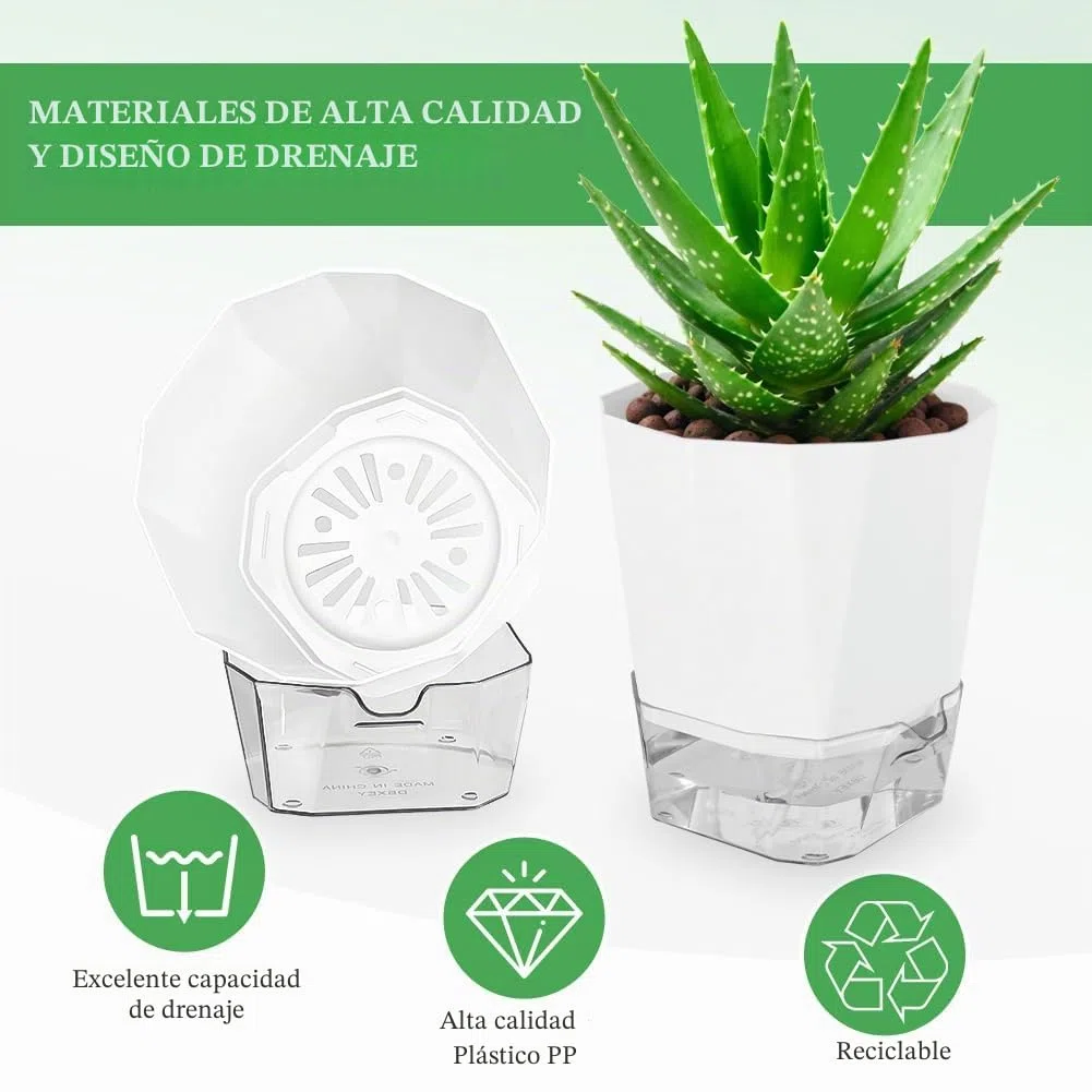 3 Piezas Maceta de Riego Automático, 18CM Macetas de Plástico para Plantas de Interior, Redonda, con Orificios de Drenaje y Bandeja, Maceta de Agua Autorriego para Interiores, Blanco/M