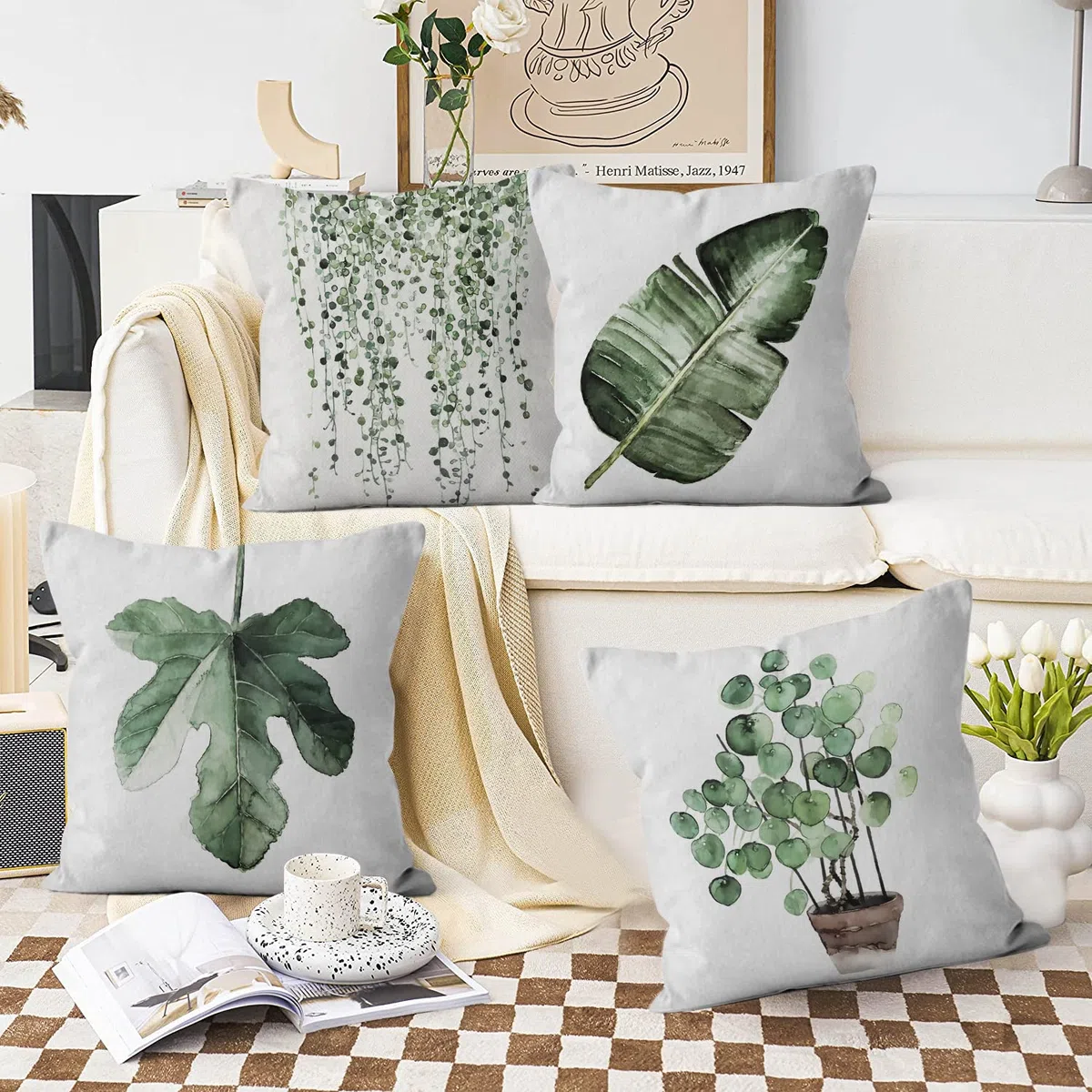 Funda de Cojín Verde 40x40 Juego de 4, Acuarela Hojas de Eucalipto Planta Botánica Fundas de Cojín Decorativas Funda de Cojín Cuadrada de Lino para Sofá Jardín Exterior Decoración del Hogar