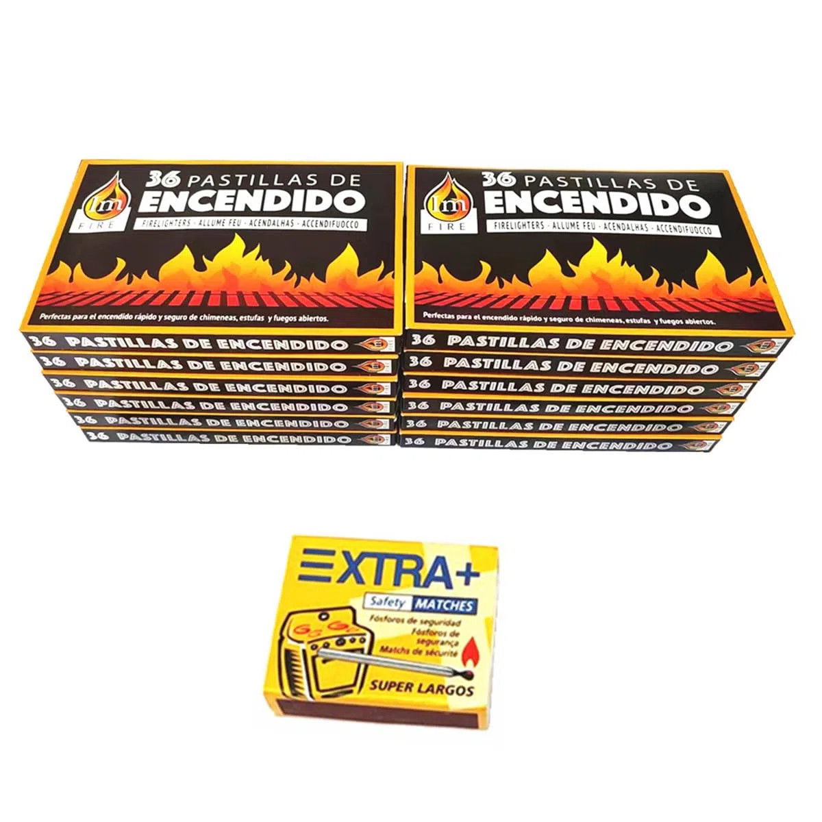 12 Cajas 432 Pastillas de Encendido Chimenea, Estufas y Barbacoas,Pastilla encender Carbon + 1Caja 120 fósforos de Madera extralargos de 5.5cm.