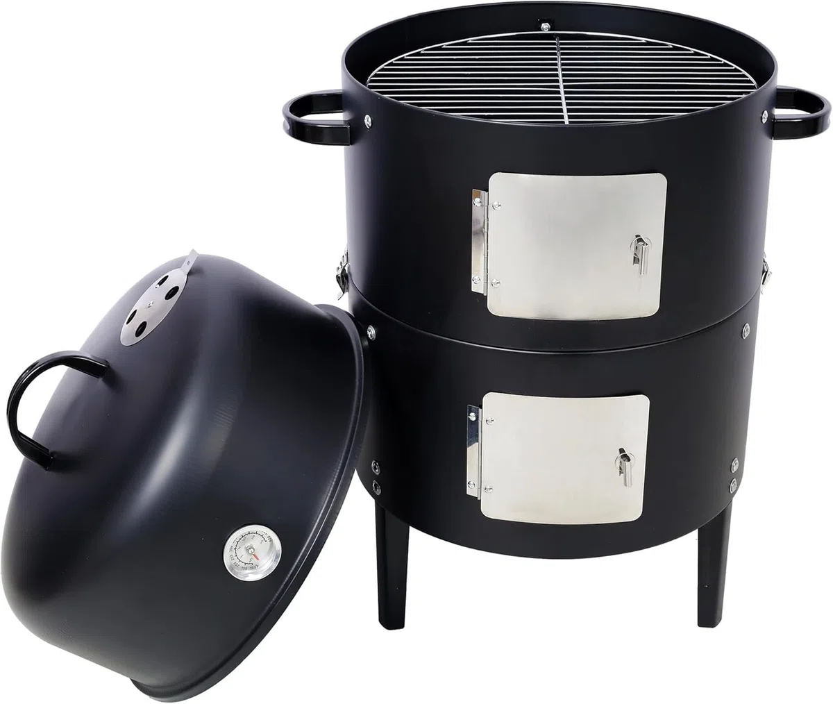 Parrilla portátil de acero para ahumar, ahumador de barbacoa 3 en 1 con termómetro, bandeja de goteo de aceite, diseño vertical sin humo para un calor uniforme, ideal para cocinar al aire libre y