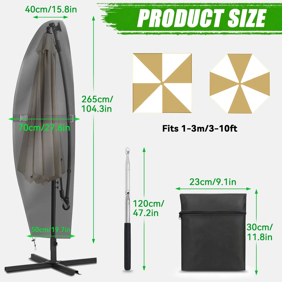 Funda Sombrilla, Funda Protectora para Parasol con Pértiga Telescópica, Funda de Tela Oxford 420D, Impermeable y Protección UV, para Parasoles de Exteriores, Terraza y Jardín, 265 x 40/70/50 cm