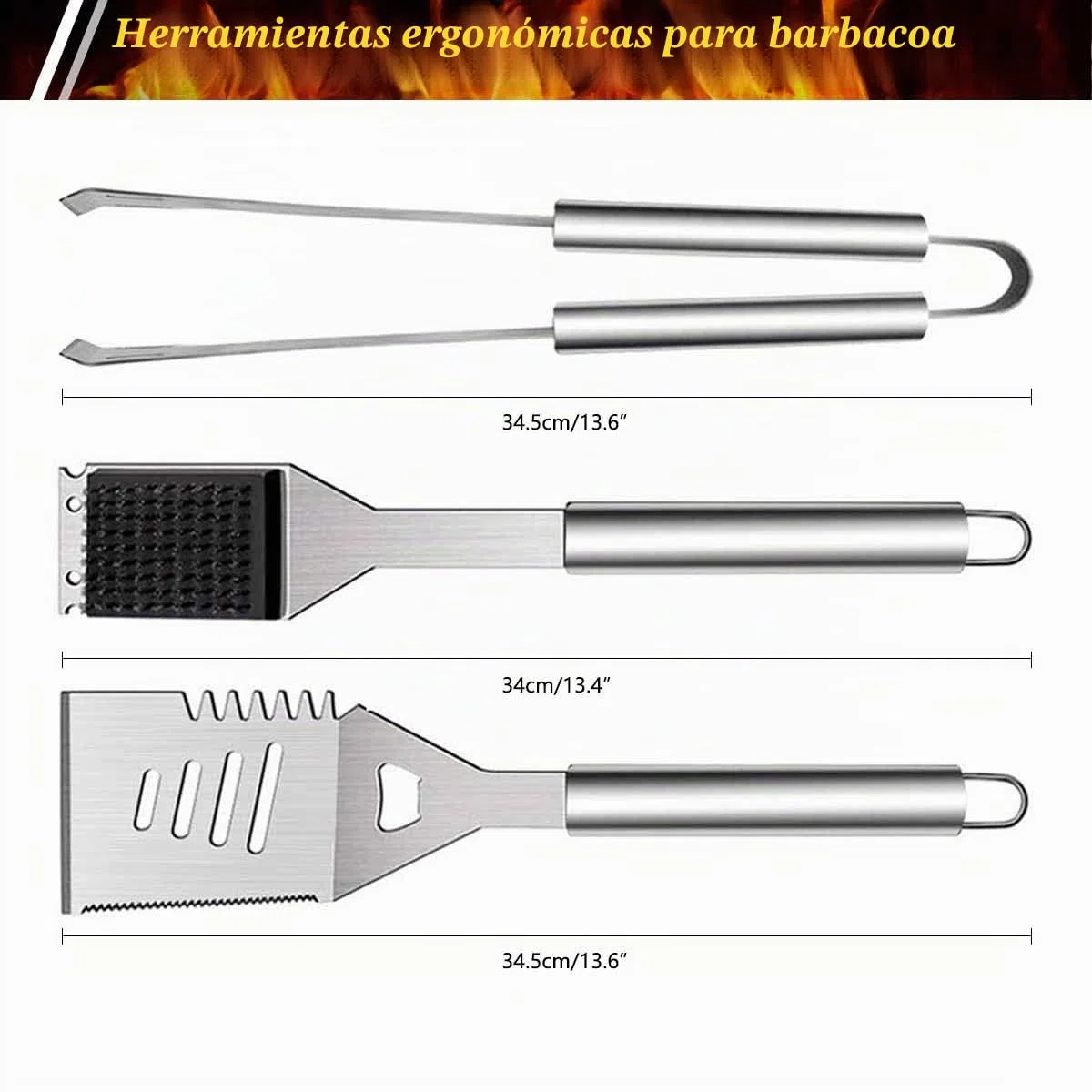 Kit de 3 herramientas para parrilla de barbacoa, utensilios de acero inoxidable con bolsa de transporte, espátula, pinzas y cepillo de limpieza