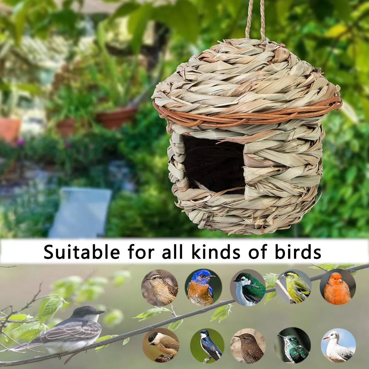 2 Piezas Nidos de Pájaros, Nido de pájaro Colgante, Nido Pajaros Exterior Colgante, Casa de Pajaros Exterior, Tejidas a Mano Hierba Nidos para Pajaros, para Pájaros Pequeños como Colibrí (15x15 cm)