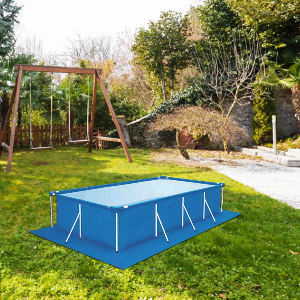 Tapiz de Suelo Protector para Piscina 2 x 3 m Rectangular de PE Resistente Color Azul Fácil de Instalar y Almacenar