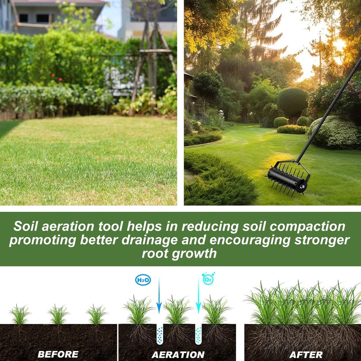 Rodillo aireador manual para césped, púas de acero resistente para airear el suelo sin esfuerzo, ideal para el mantenimiento de jardines y patios