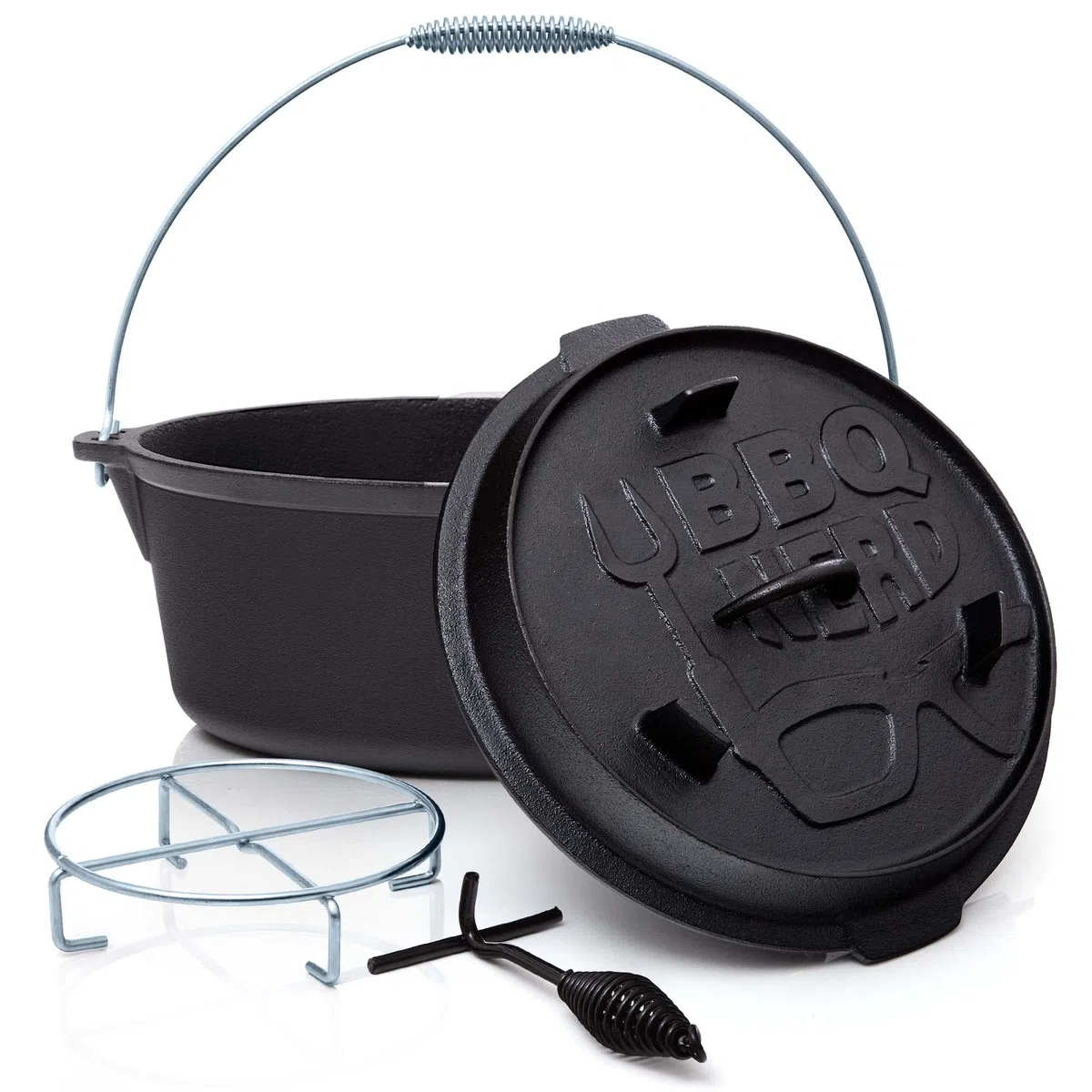 BBQ-Nerd© Dutch Oven"Professional" 7,3 L con soporte | ya quemado - Preseasoned | Cacerola de hierro fundido con tapa y sartén integrada | Parrilla y olla de camping ignífuga con elevador de tapa