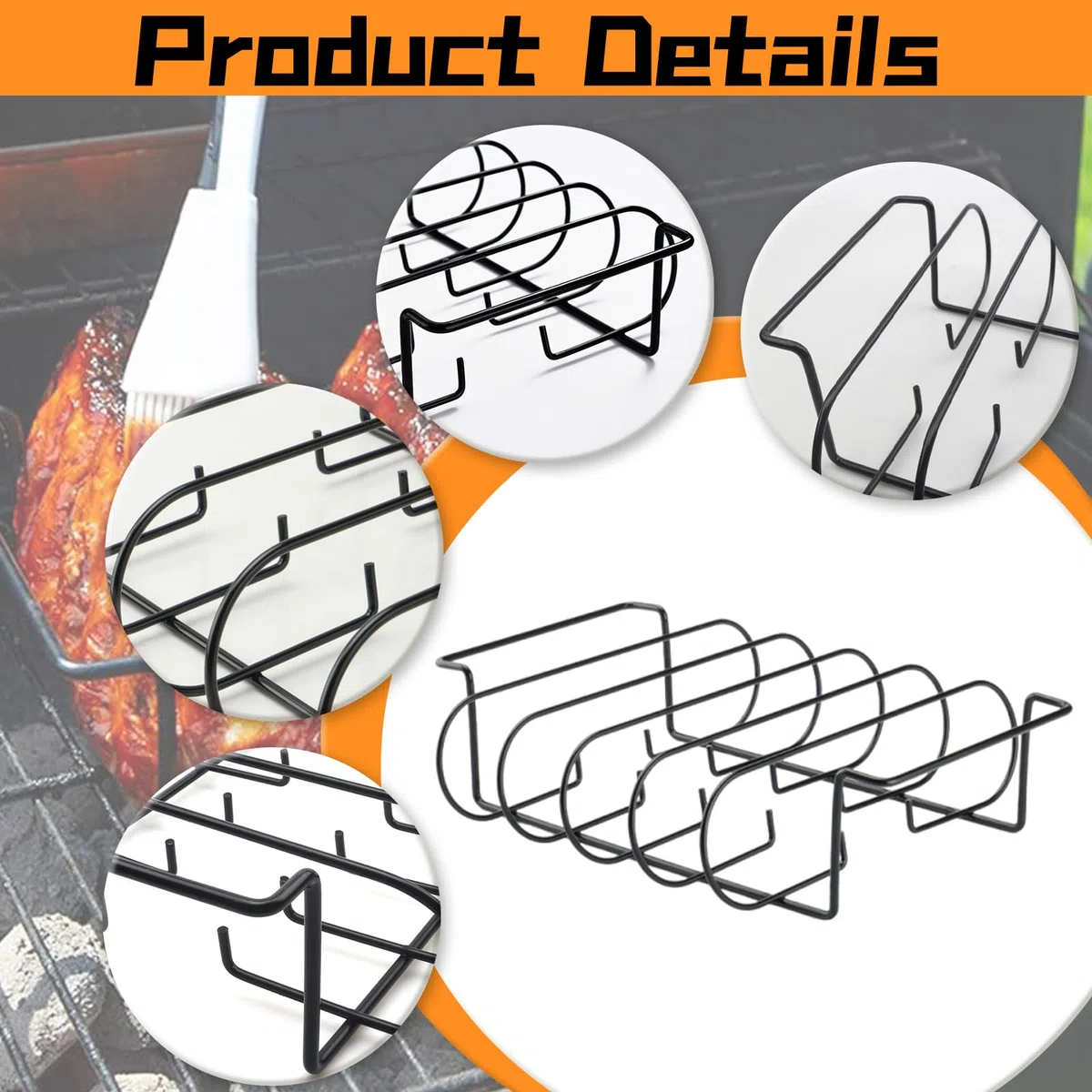 Soporte para Costillas de Barbacoa, Parrilla para Costillas para Barbacoa, Costillas de Res, Hierro Antiadherente, para la Parrilla Soporta hasta 4 Costillas para Accesorios