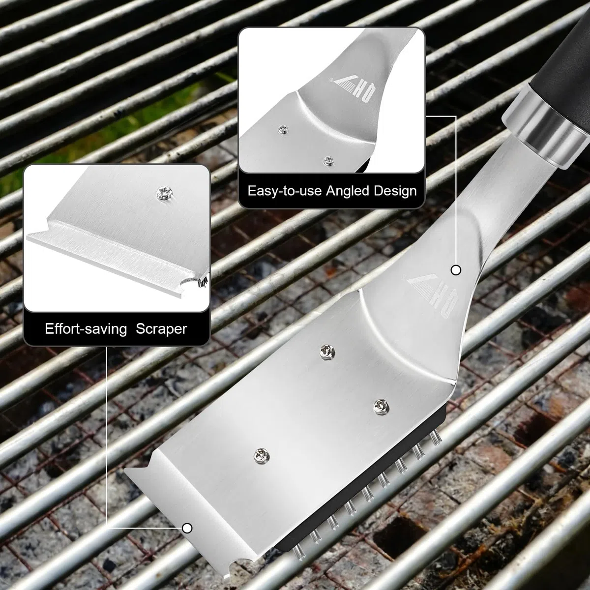 Cepillo y Rascador para Barbacoa con Mango Extralargo, Cepillo de Alambre para Carbón, Eléctrica y Gas, Incluye 2 Cepillos de Repuesto con Tornillos y Destornillador