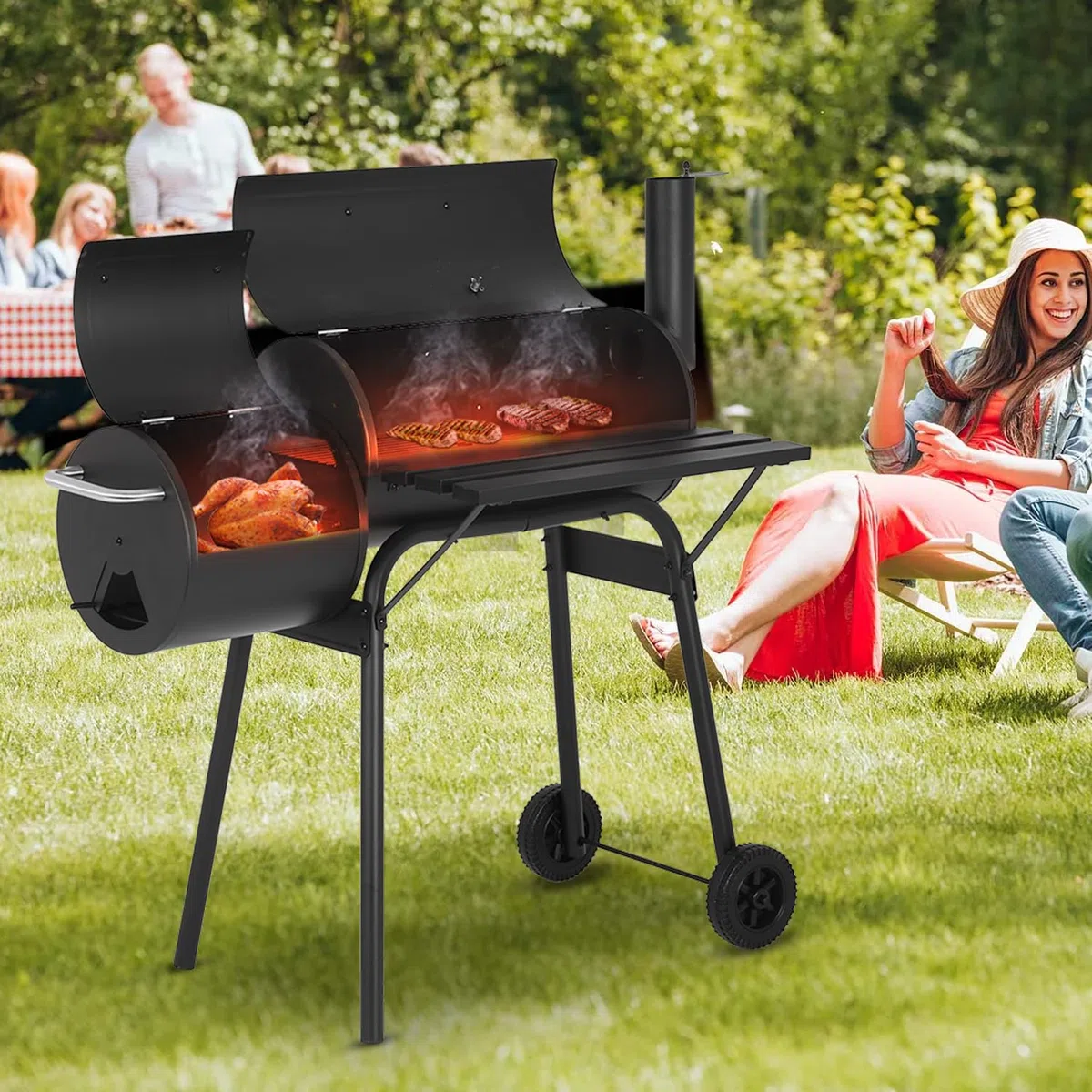 FDW Parrilla de carbón de 43 pulgadas para exteriores, parrilla de barbacoa para varias personas con diseño de malla de doble parrilla, parrilla ahumadora para camping, patio trasero al aire libre,