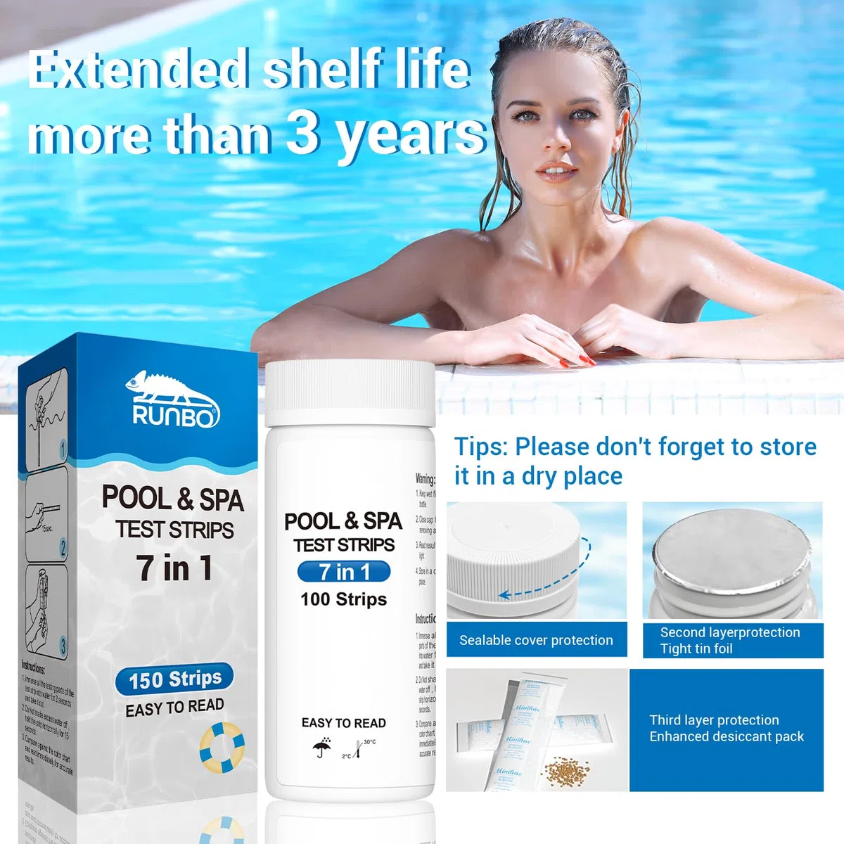 Tiras de prueba de piscina 7 en 1 para spa | Kit de prueba de agua rápido y preciso de 150 tiras, bromo, alcalinidad total, pH, cloro libre, dureza total, ácido cianúrico y cloro total tiras de prueba