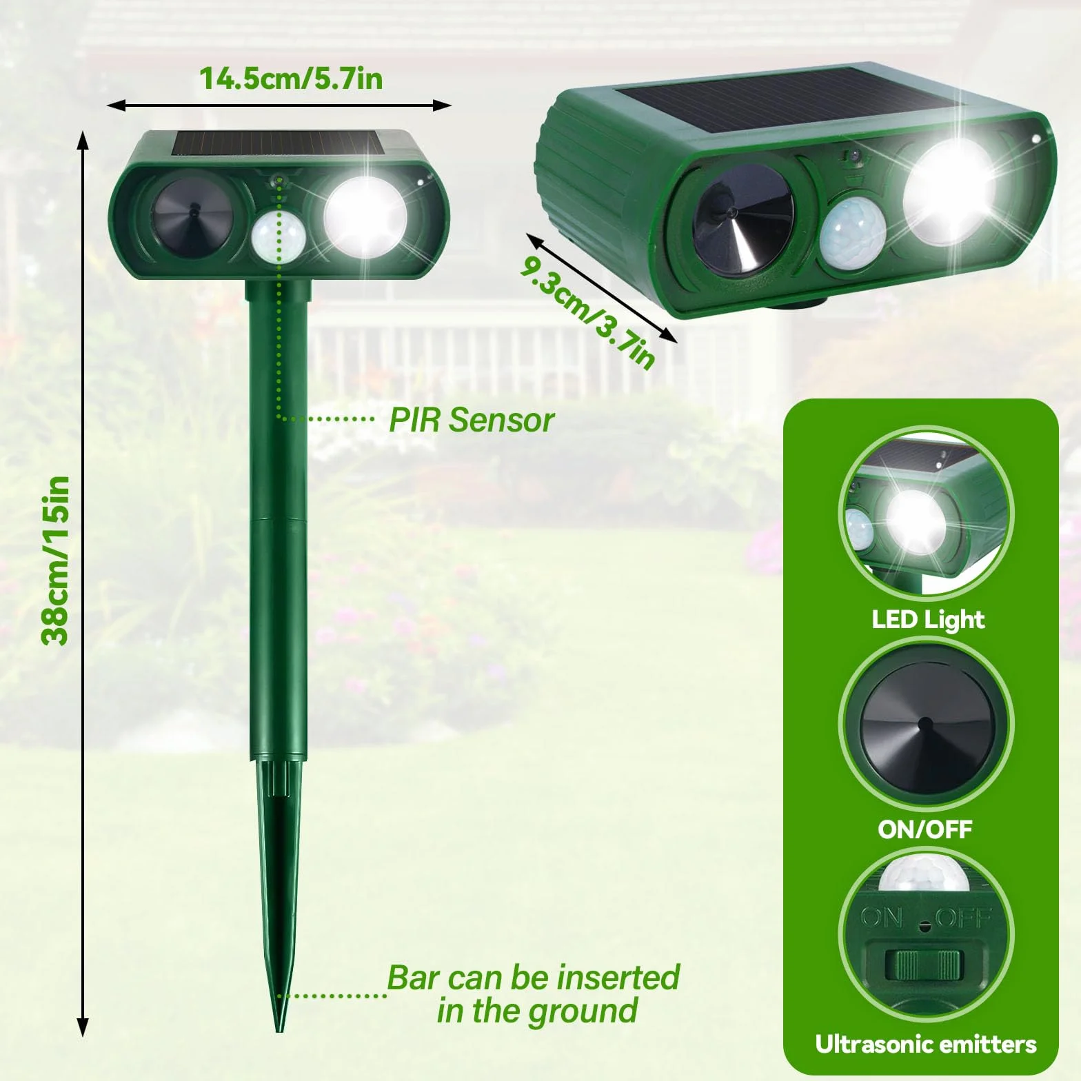 Repelente para Gatos Exterior, Ultrasónico Ahuyentador de Perros, Palomas, Pájaros, Perros, Ratones, Zorros, Disuasión Solar IPX4 Impermeable con LED Intermitentes