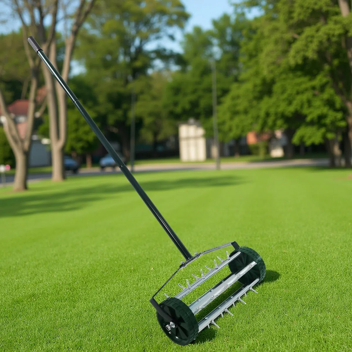 Aireador manual de césped rodante, tambor de punta de 16 pulgadas de ancho con mango de 48 pulgadas, herramienta de jardín de acero resistente para aireación del suelo, verde