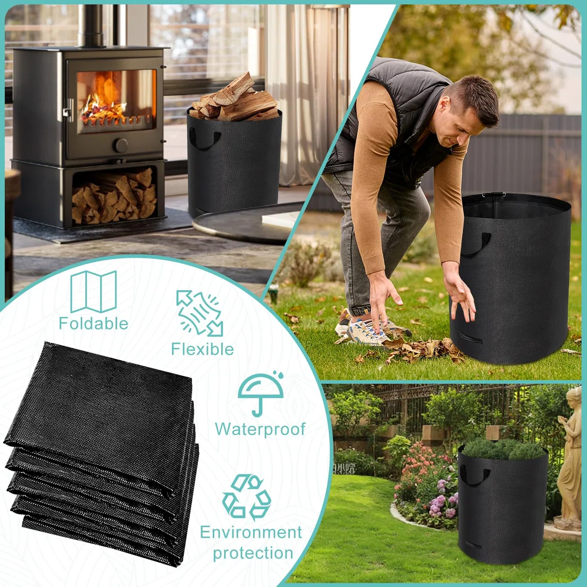Jardineria de Sacos, 4 x 272L Jardim Sacos, Incl Guantes, 4 Asas, Impermeables, Bolsas para Hojas Plegables, Plegables y Reutilizables, para Hojas, Maleza, Basura