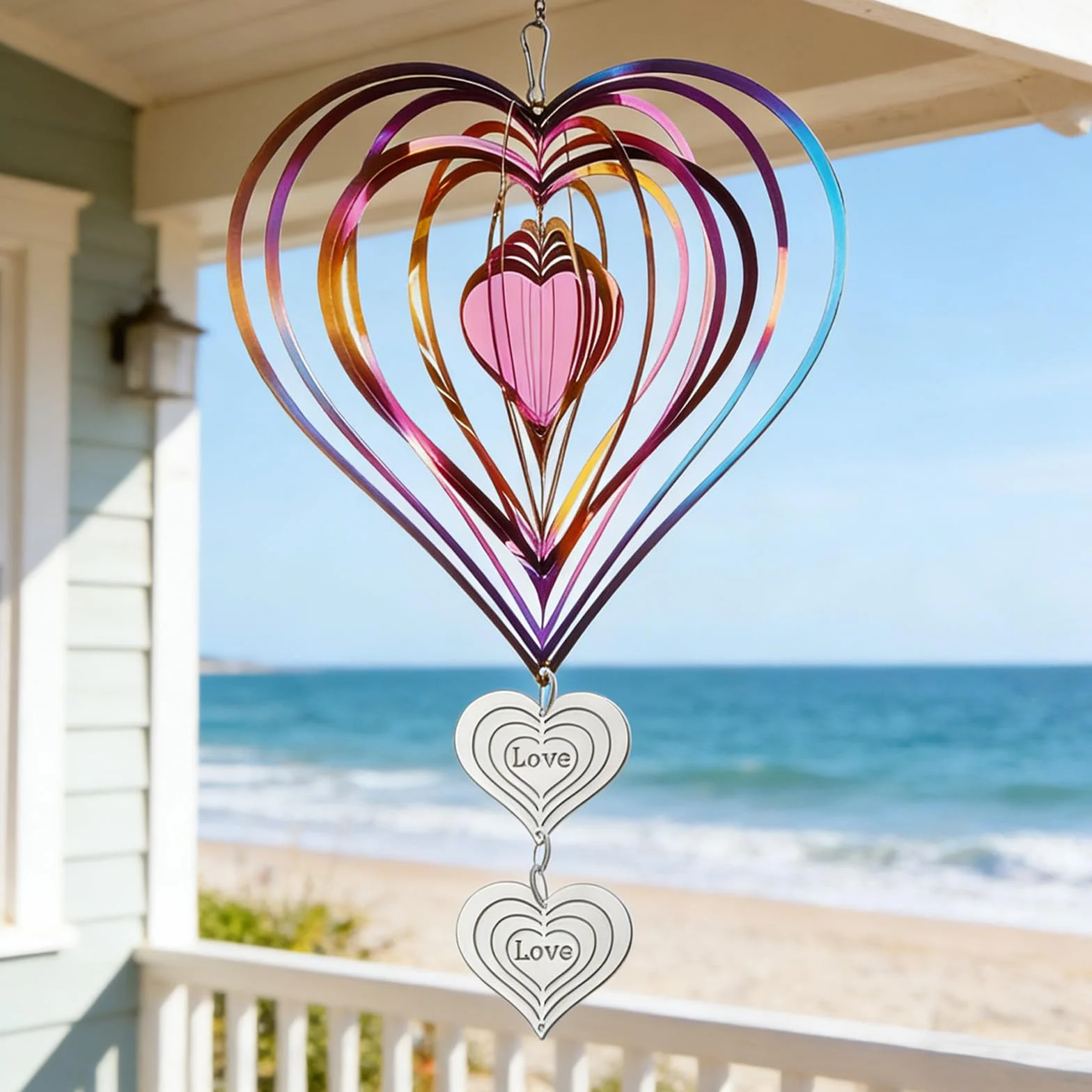 Carillón de Viento y Spinner 3D de Acero Inoxidable, Escultura en Forma de Corazón – Ahuyentador de Pájaros Reflectante, Decoración Resistente a la Intemperie para Jardín, Balcón y Terraza