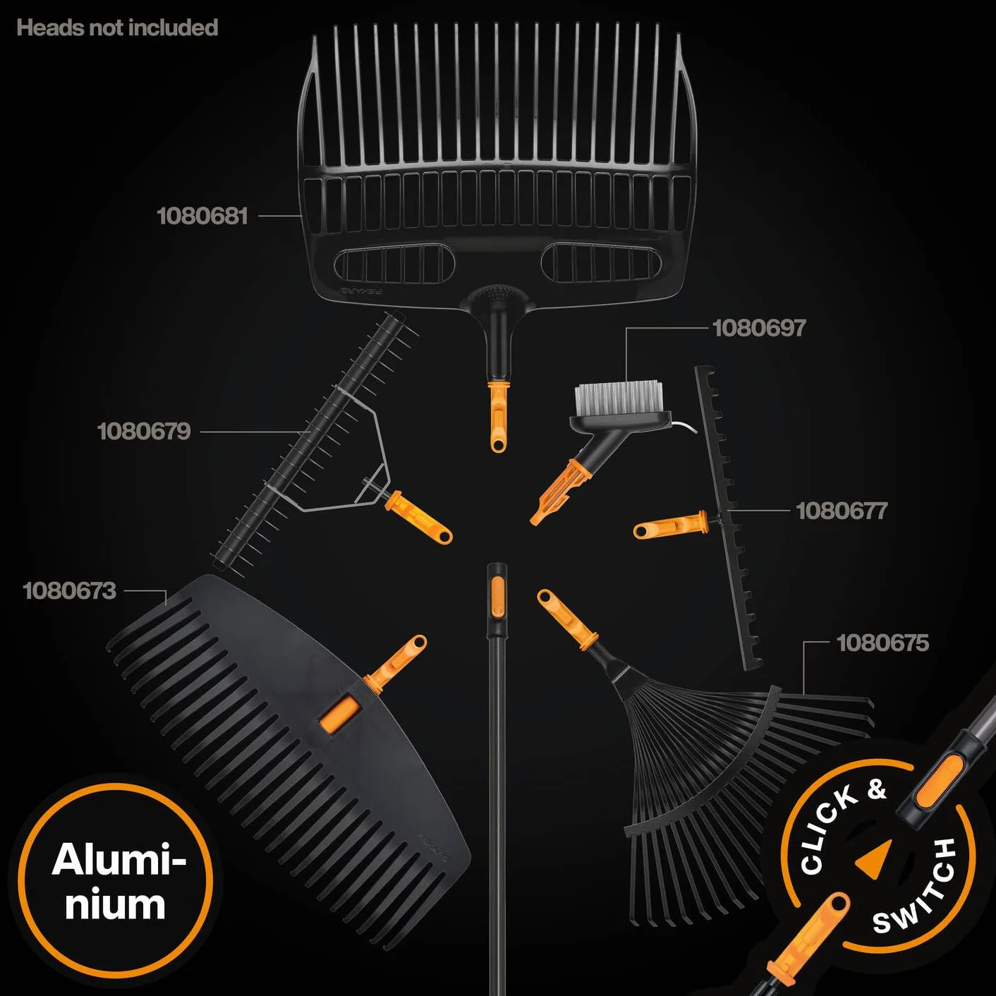 Fiskars OneClick Mango L, Mango universal para herramientas de jardín, Cambio sin esfuerzo con un solo clic, Adaptador QuikFit disponible por separado, 161 cm, Aluminio ligero, Negro/Naranja, 1080547