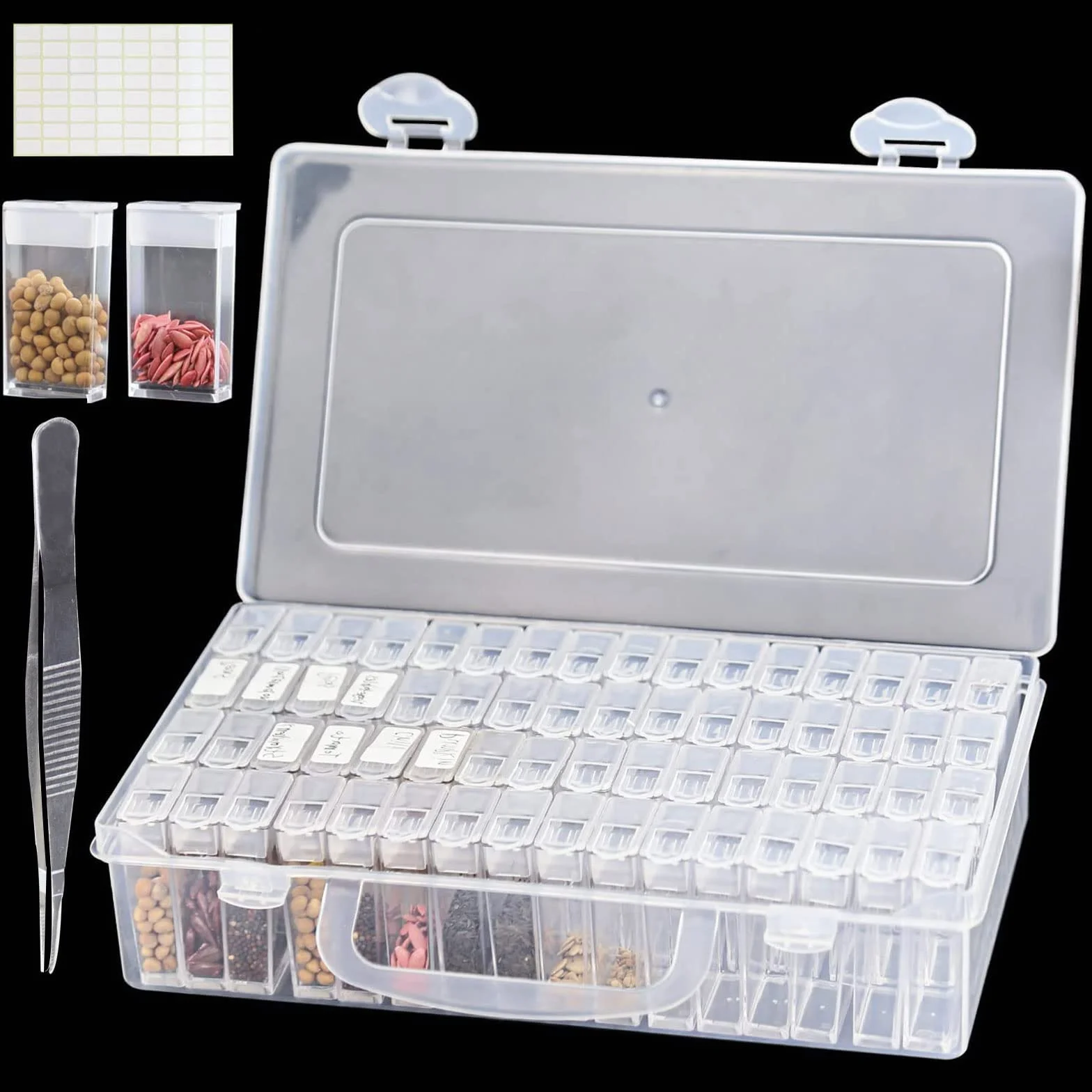 GAESHOW 64 Ranuras Caja de almacenamiento de semillas, Organizador de Cuentas, Cajas de Almacenamiento de Pintura de Diamantes con Etiquetas Adhesivas, para Semillas de Flores, Semillas de Vegetales