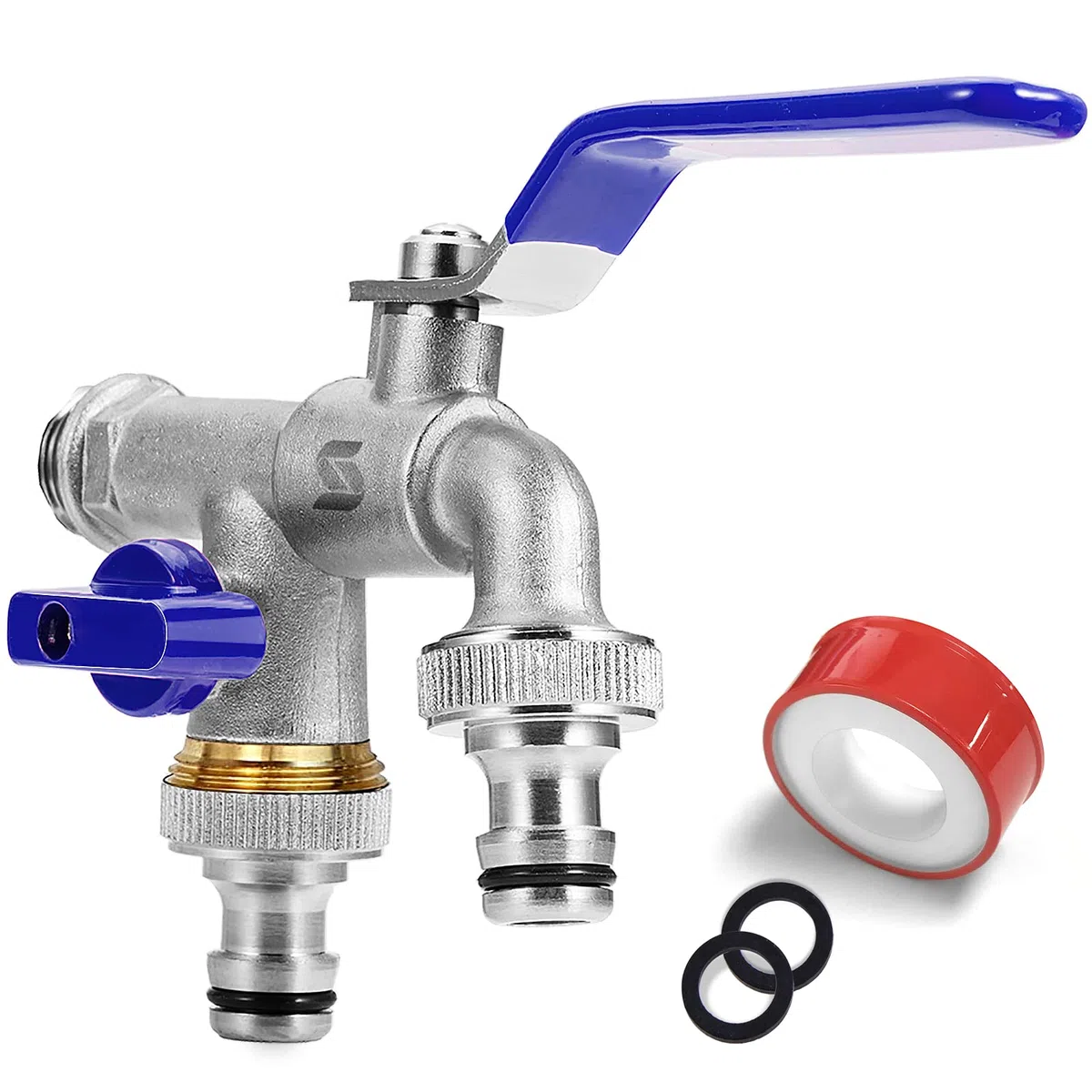 SPGOOD Grifo deJardín, Grifo de Doble Salida de 3/4 de Pulgada, de Latón, Resistente a la Oxidación y a Las Heladas, Con 2 Salidas de 3/4 de Pulgada, 1 Cinta de Sellado de Rodillos (Azul)