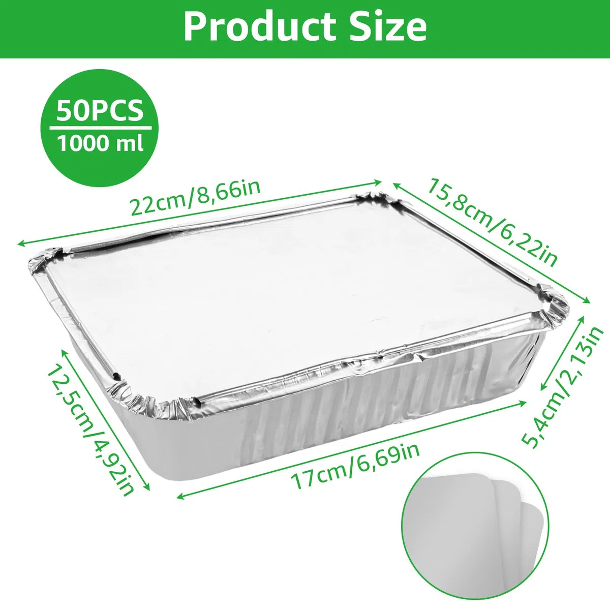 50 bandejas de aluminio con tapa de 1000 ml, bandejas de aluminio, para barbacoa, desechables, cuadradas, de aluminio, para asar, hornear, cocinar, llevar