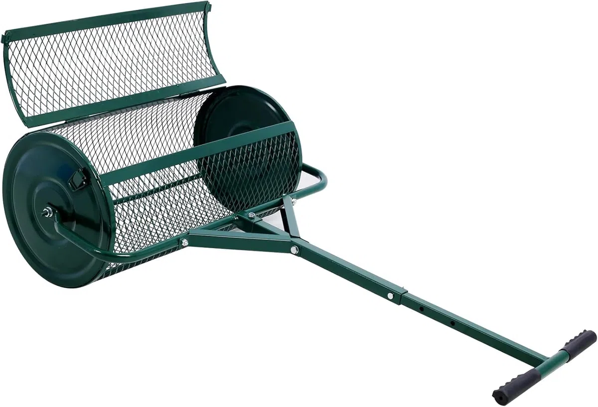 Rodillo esparcidor de turba de 24 pulgadas con mango en forma de T para plantar, cuidar el césped y otros cultivos. Diseño de malla metálica que distribuye uniformemente el estiércol, el mantillo y