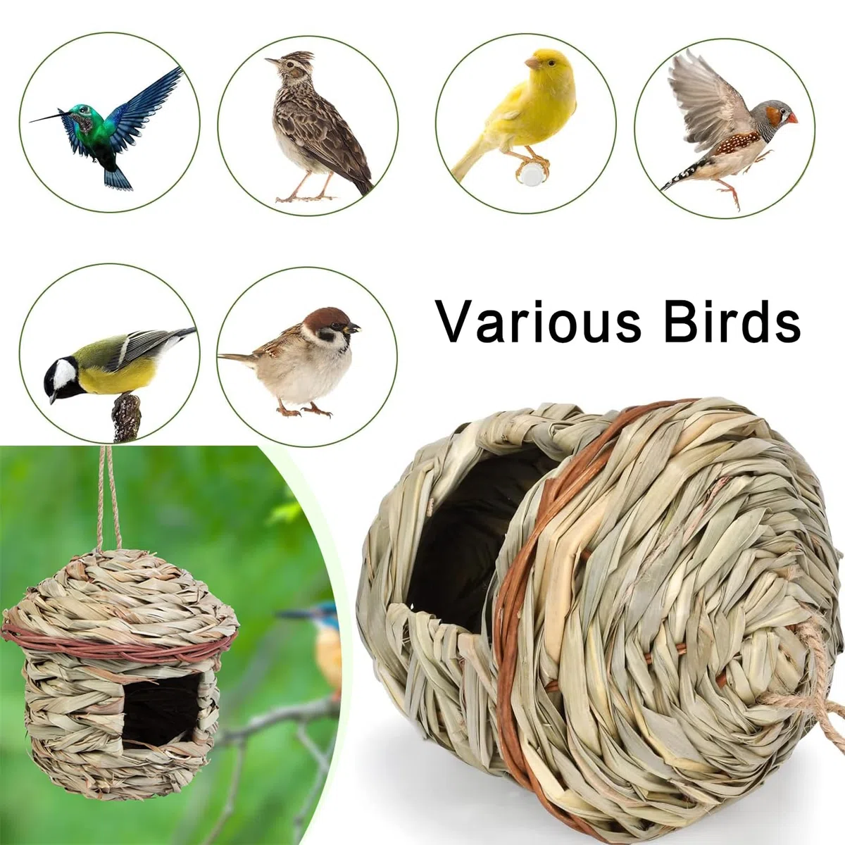 2 Piezas Nido de Pájaros Tejidas a Mano para Exterior, Casita de Paja para Colibríes, Gorriones y Otras Aves Pequeñas