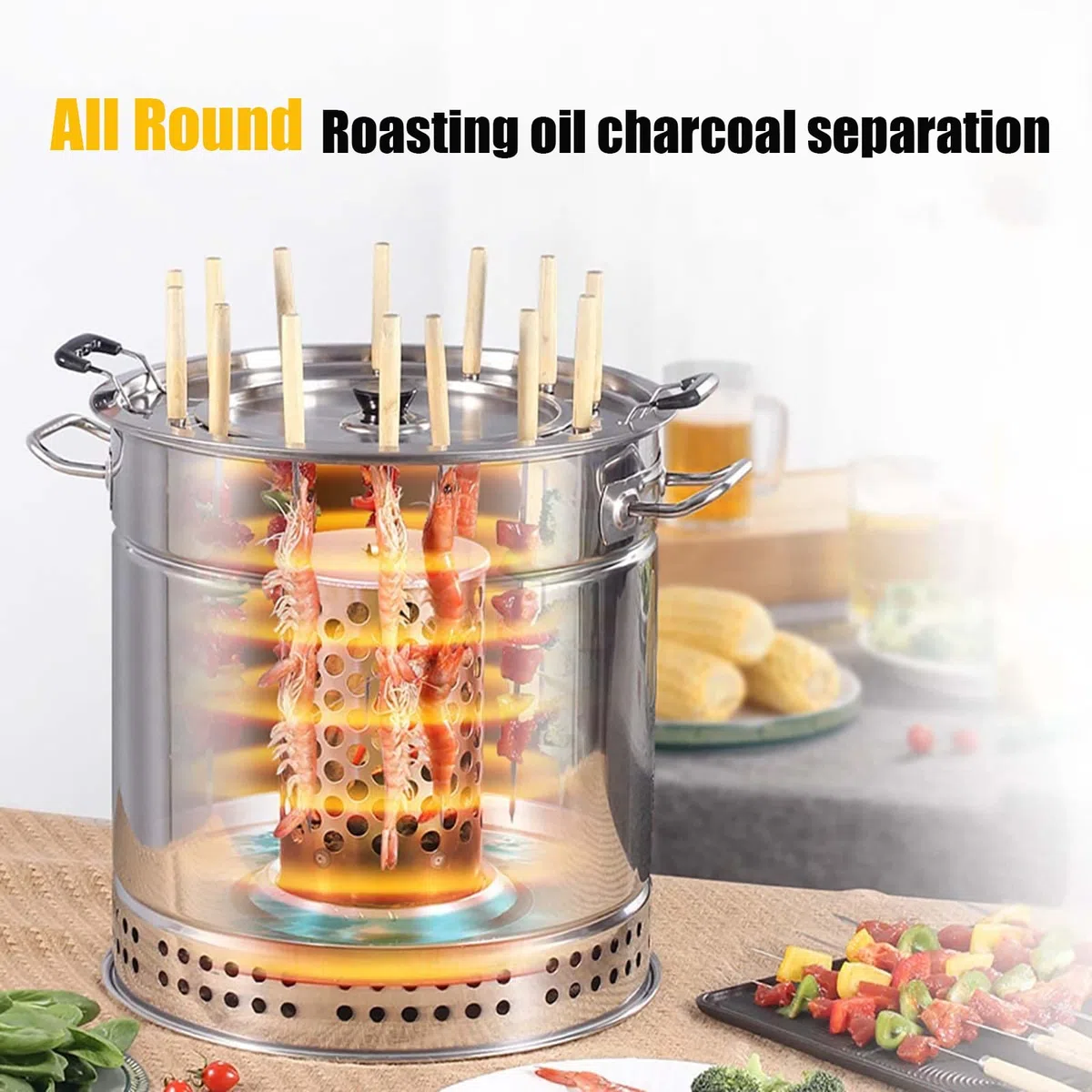 Parrilla ahumadora de carbón, barbacoa vertical de acero inoxidable con 50 pinchos para cocinar al aire libre y entusiastas de la barbacoa