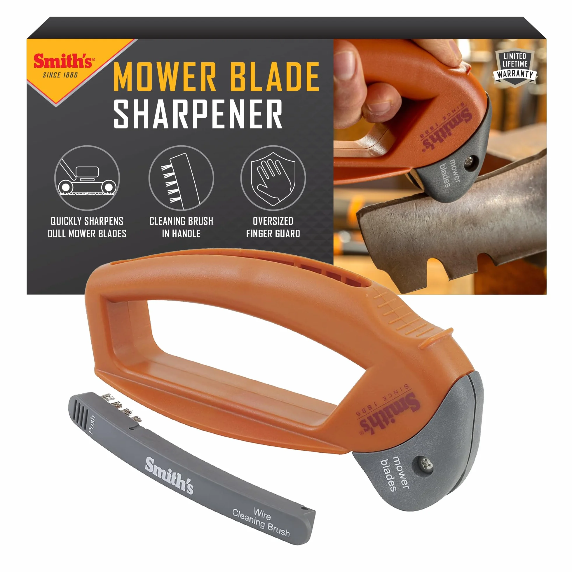 Smith's 50603 - Afilador de Cuchillas para cortacésped de Mano, Mango de Gran tamaño y Protector de Seguridad Grande, plástico Duradero, fácil de Usar, Cepillo de Limpieza de Alambre, Hoja de carburo