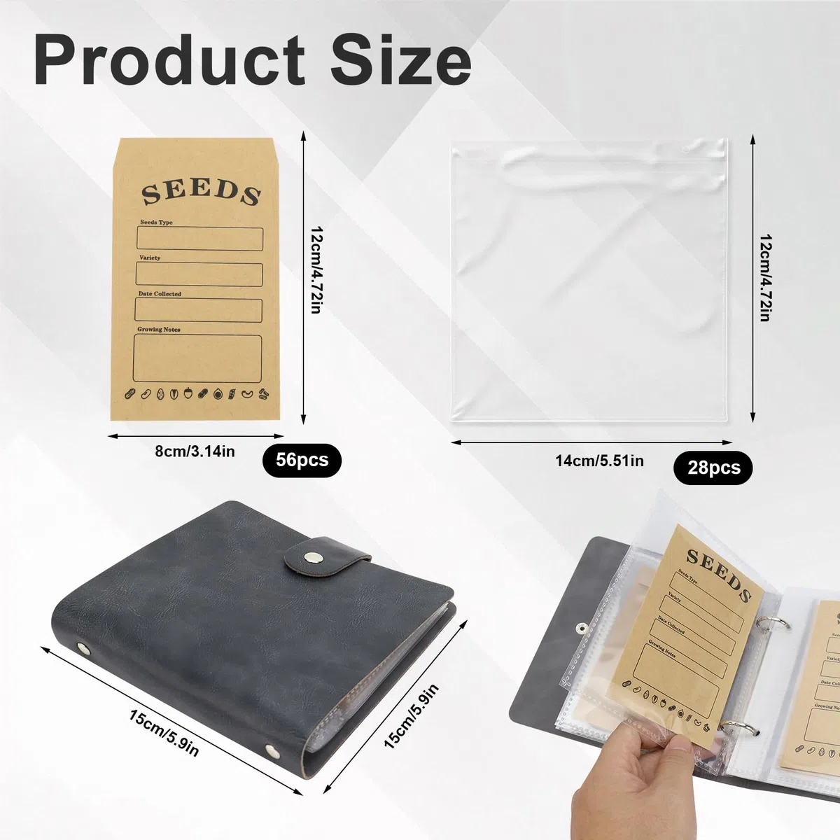Bolsas de almacenamiento de semillas con 56 bolsas de semillas autosellables, organizador autoadhesivo para jardín, para almacenar semillas, sobres