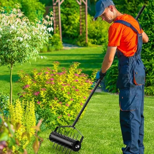 Aireador de césped, rodillo de césped manual resistente con mango desmontable, herramienta giratoria de acero para jardín y patio