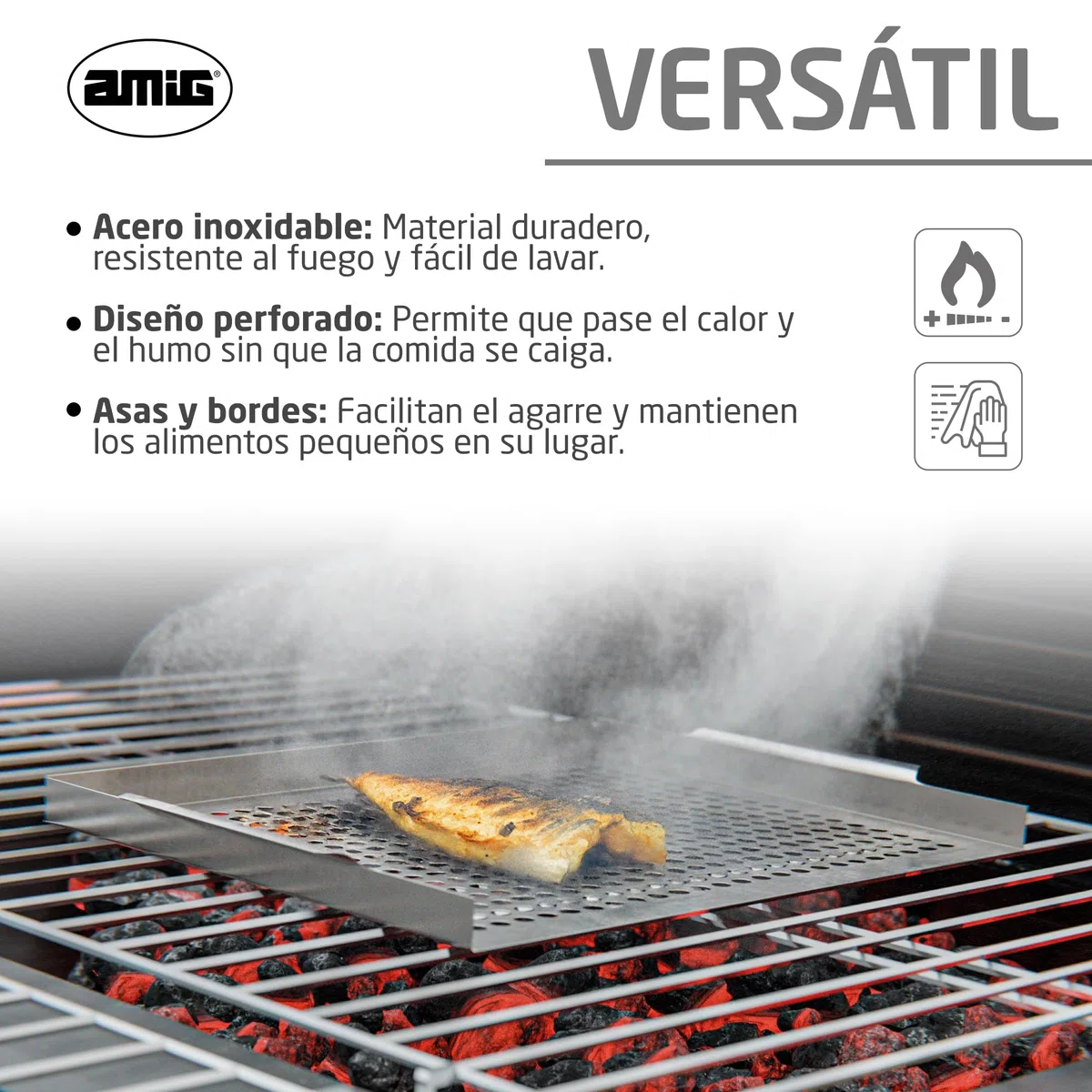 Amig - Bandeja para Asar Pescado en Barbacoa - 40 x 30 x 4 cm - Fabricado en Acero Inoxidable - Evita Que el Pescado se Rompa o cuele por la Parrilla - Mod. AM08