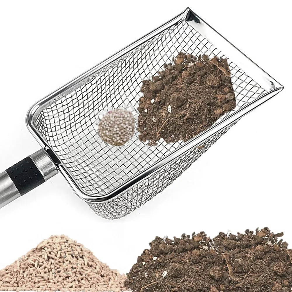 4 coladores de jardín de acero inoxidable, 2/2,8/3,8/5 mm, colador de tierra de jardín, colador de compostaje con mango, colador de compostaje de acero inoxidable, pala portátil para jardinería y