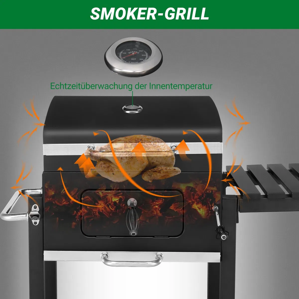 LEADZM Barbacoa de carbón con diseño de doble cámara, carrito de barbacoa portátil de primera calidad, ahumador de metal para jardín y terraza, con mesa auxiliar, parrilla grande y regulador de