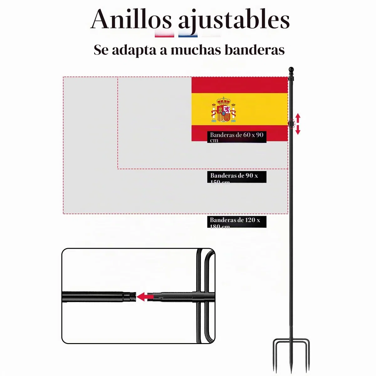 JAOGAUS Mastil Bandera, Mástiles de Bandera de Scero Inoxidable de Alta Resistencia para Suelo | con Estaca de 5 Puntas, para Jardín al Aire Libre.