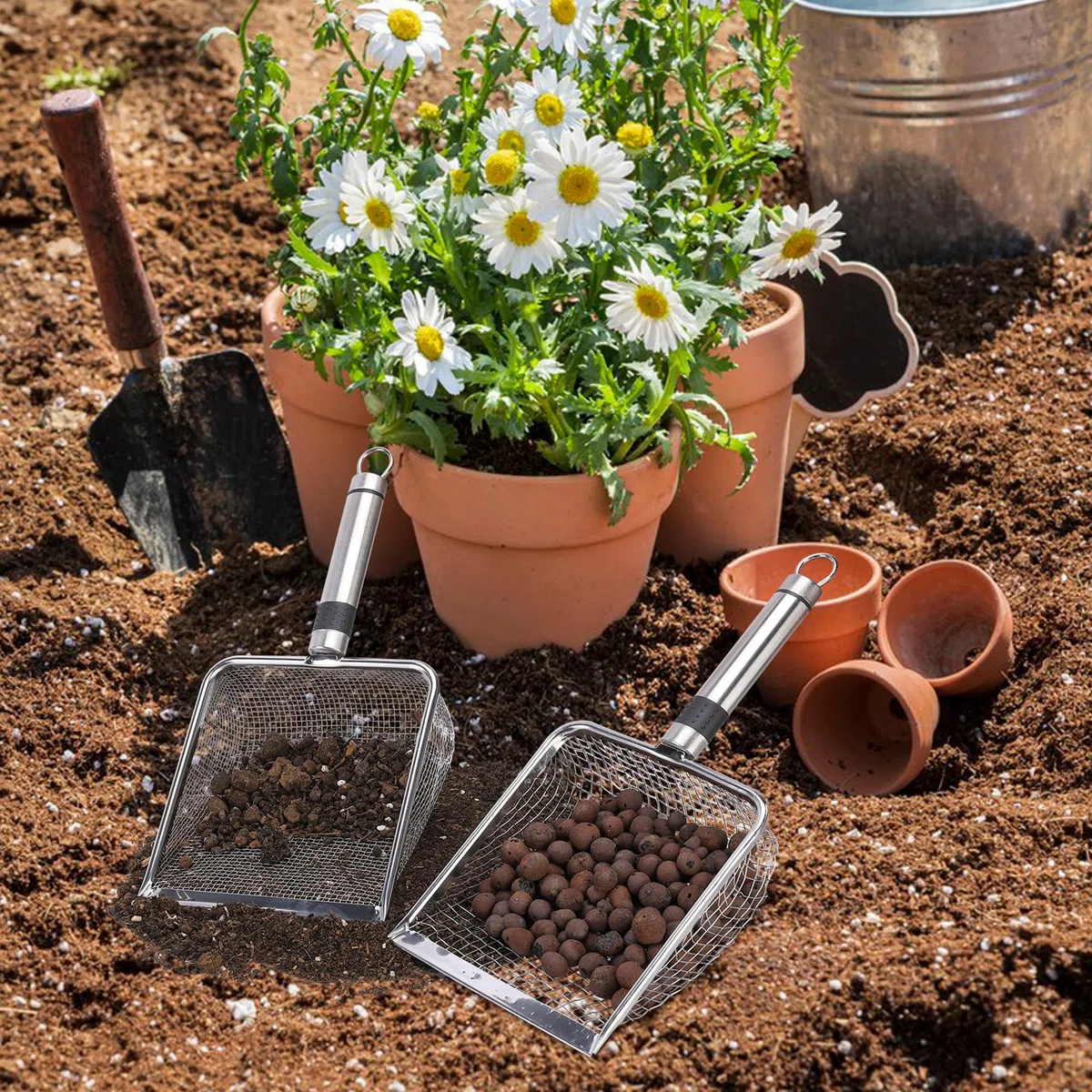 GIONAR 2 tamices de jardín de acero inoxidable – colador de jardín tierra – colador de compost con mango – colador de arena, colador de tierra, colador de arena (malla de 3,8/5 mm)