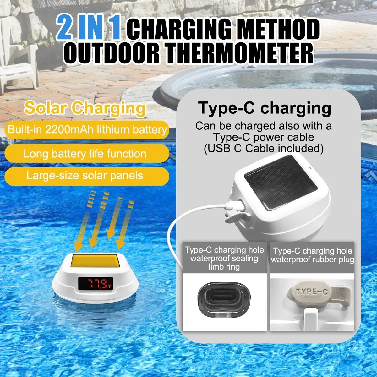 Homcocie Termómetro Piscina Solar con batería 2200 mAh y puerto tipo C, Termómetro Flotante a prueba agua IP68 con cuerda remolque, luz ambiental RGB, monitoreo preciso de temperatura agua