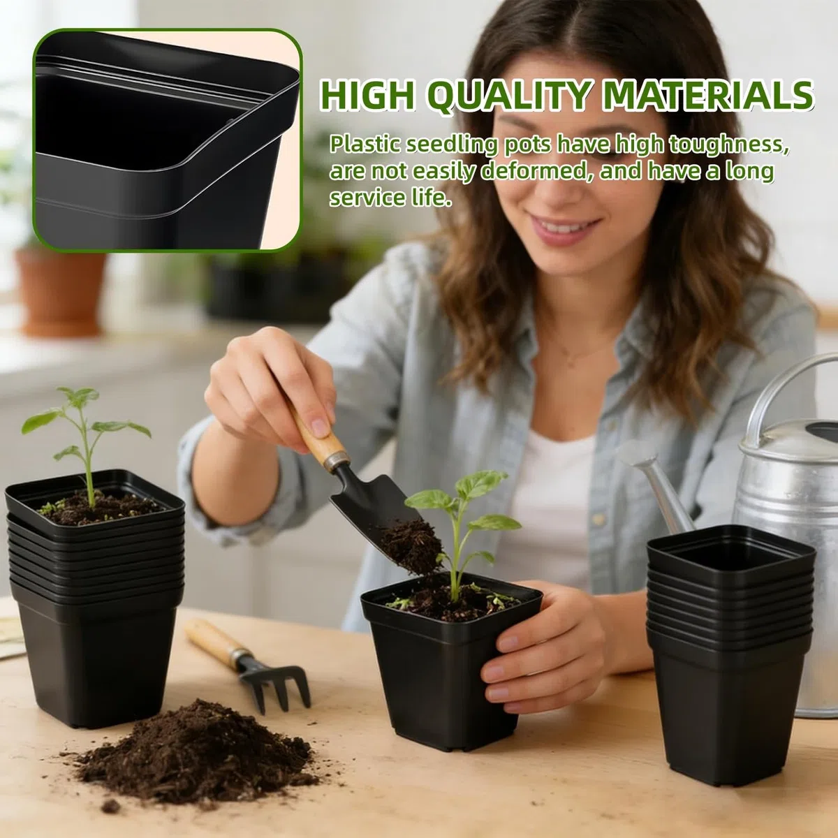 Macetas de Plástico Negro, 80 6.5cm Semilleros de Germinacion, Bandeja Semillero Kit Cuadrado, con 5 Piezas Bandeja a Prueba de Fugas, para Interior/Exterior Jardín Plantas Plántulas y Semillas