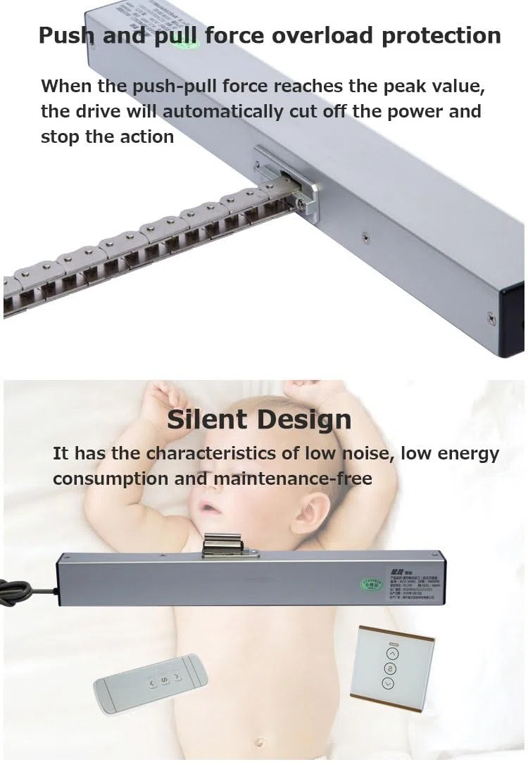 Actuador eléctrico de 24 V, carrera de 300-1000 mm, IP32 impermeable, carga 400N, mecanismo de cadena motorizado para tragaluces y rejillas de ventilación de techo, automatización del hogar