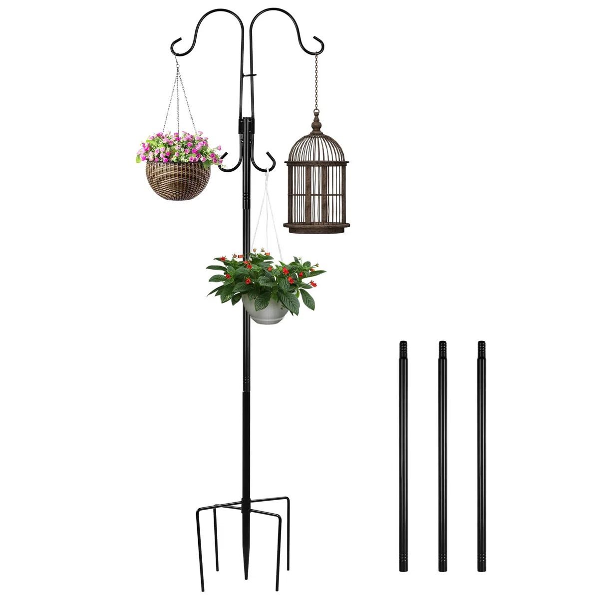 MaxAwe Gancho doble para pastor de jardín, 240 cm, resistente al óxido, de metal para jardín, doble gancho con 5 púas, gancho de pastor resistente para lámparas solares, farolillos y comederos para