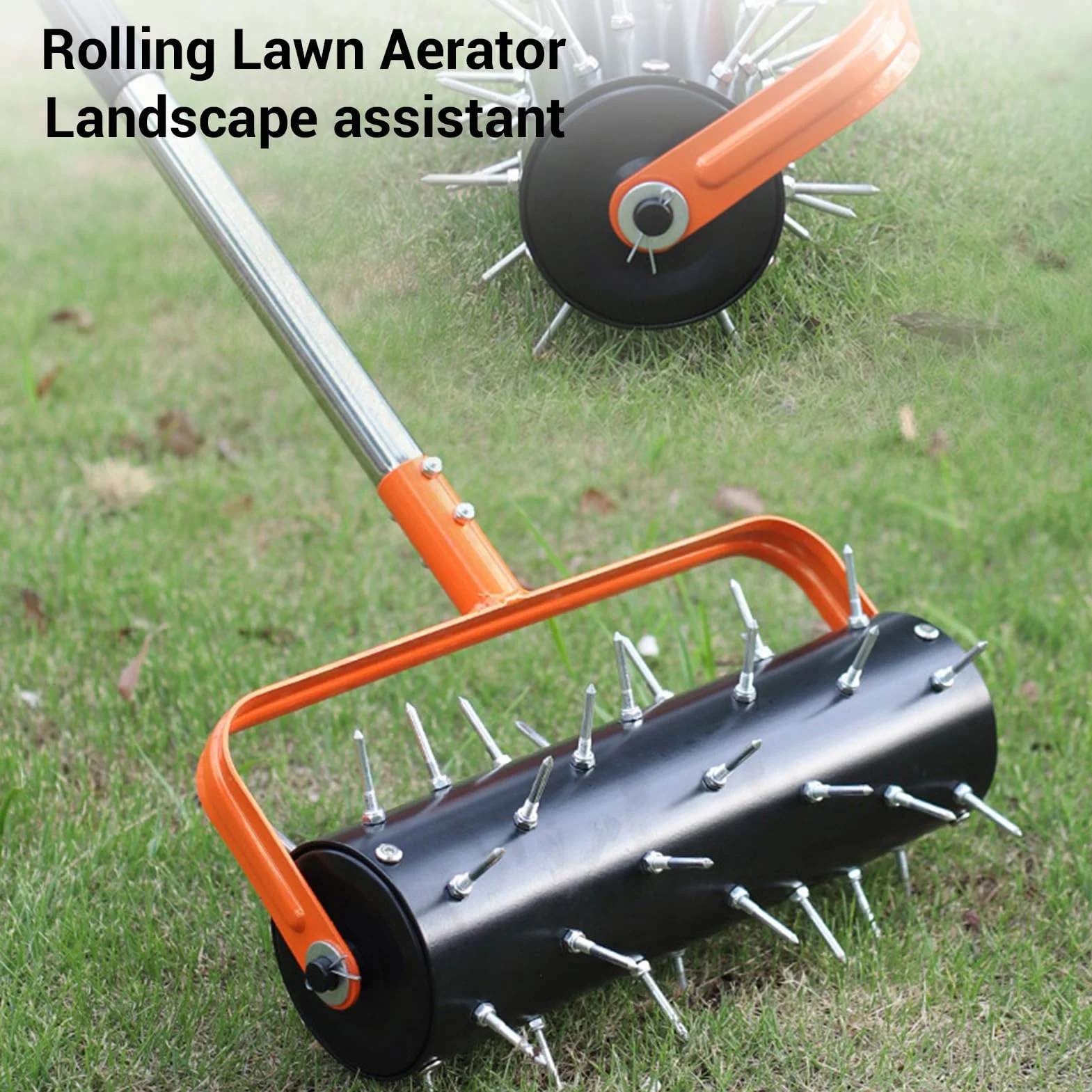 Aireador de Césped Rodante, 42 Púas Premontadas, Rodillo Aireador de Púas para Césped Resistente con Mango Ajustable para Patio, Jardín
