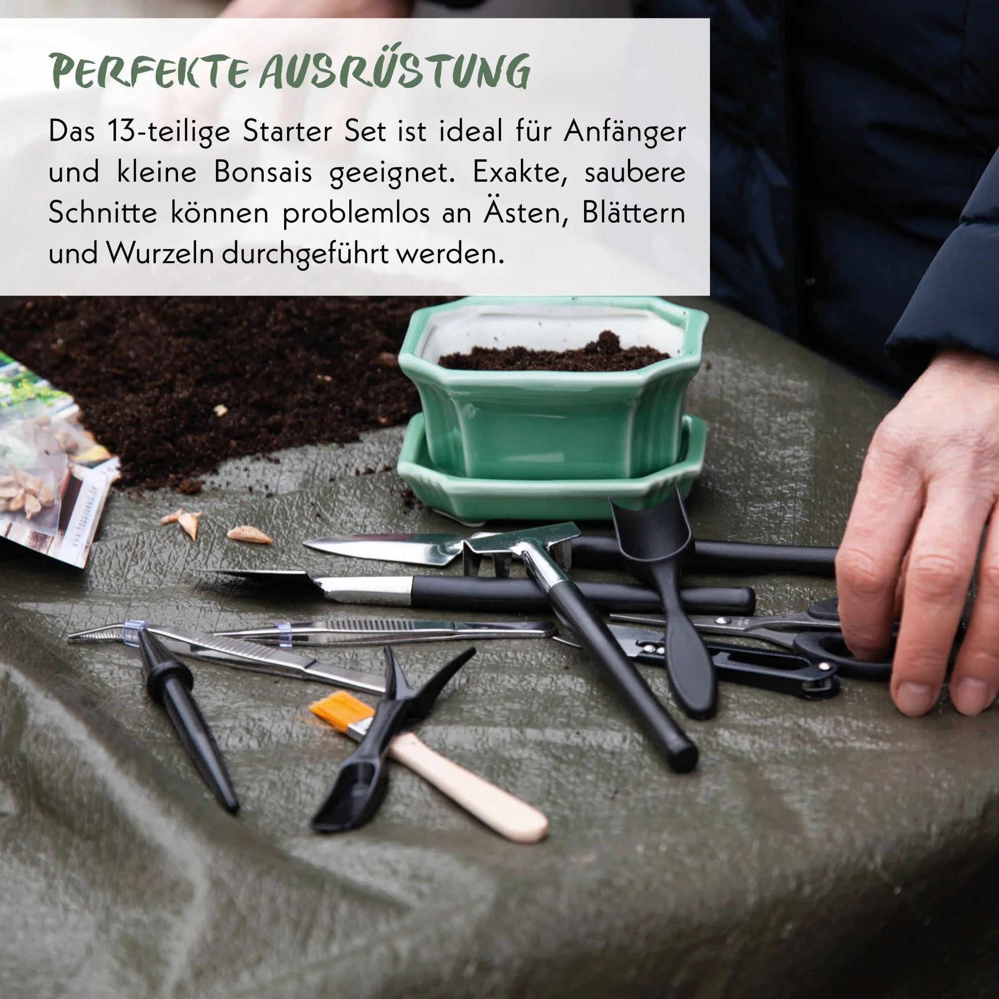 HappySeed Kit Bonsai Juego de Herramientas de 13 Piezas con práctica Bolsa - Mini Herramientas jardineria para Plantas de Interior y un Cultivo Profesional de bonsái